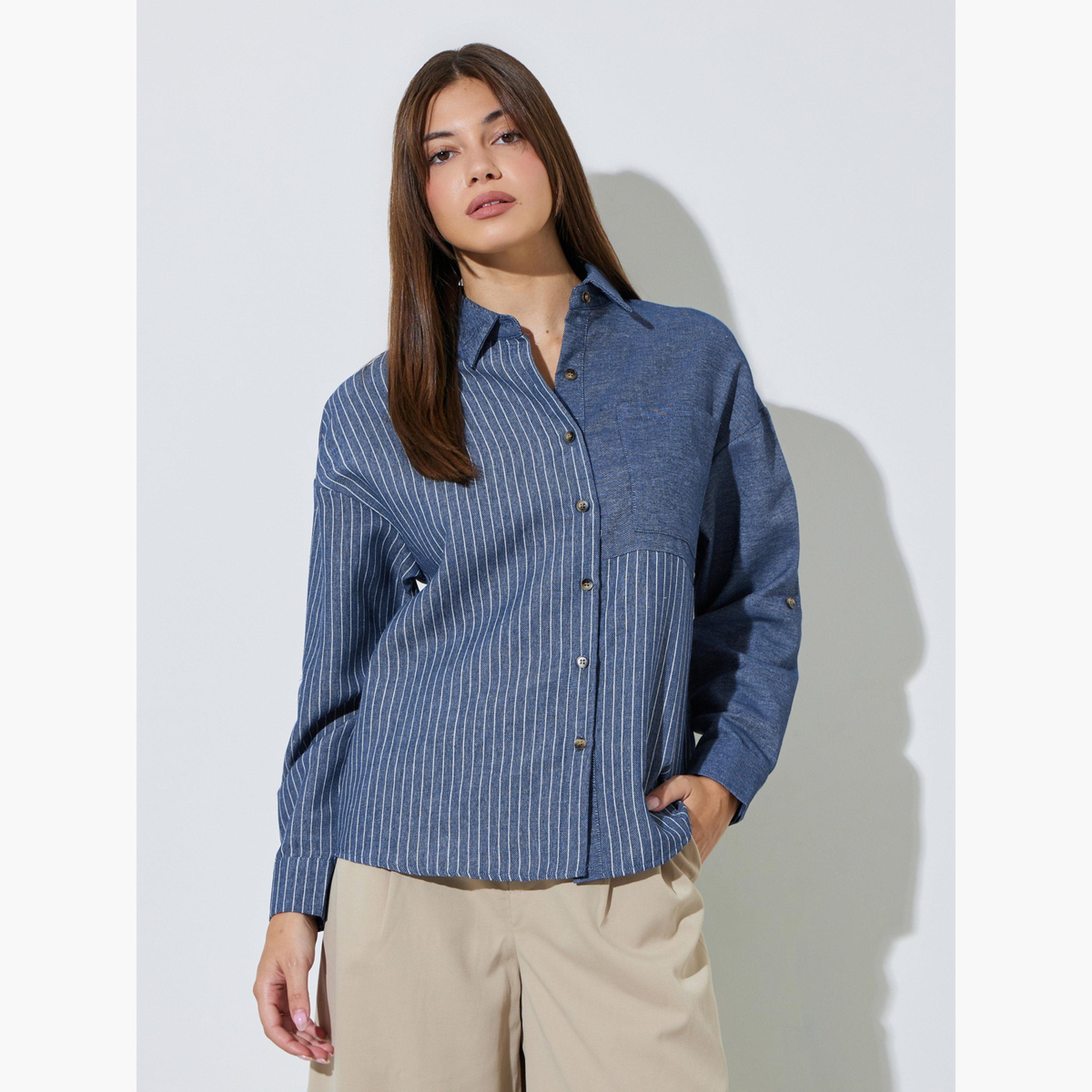 بلوزة قصة طويلة بنمط مخطط وتفاصيل جيب وأزرار-women-clothing-shirtsandblouses-shirts-image-1