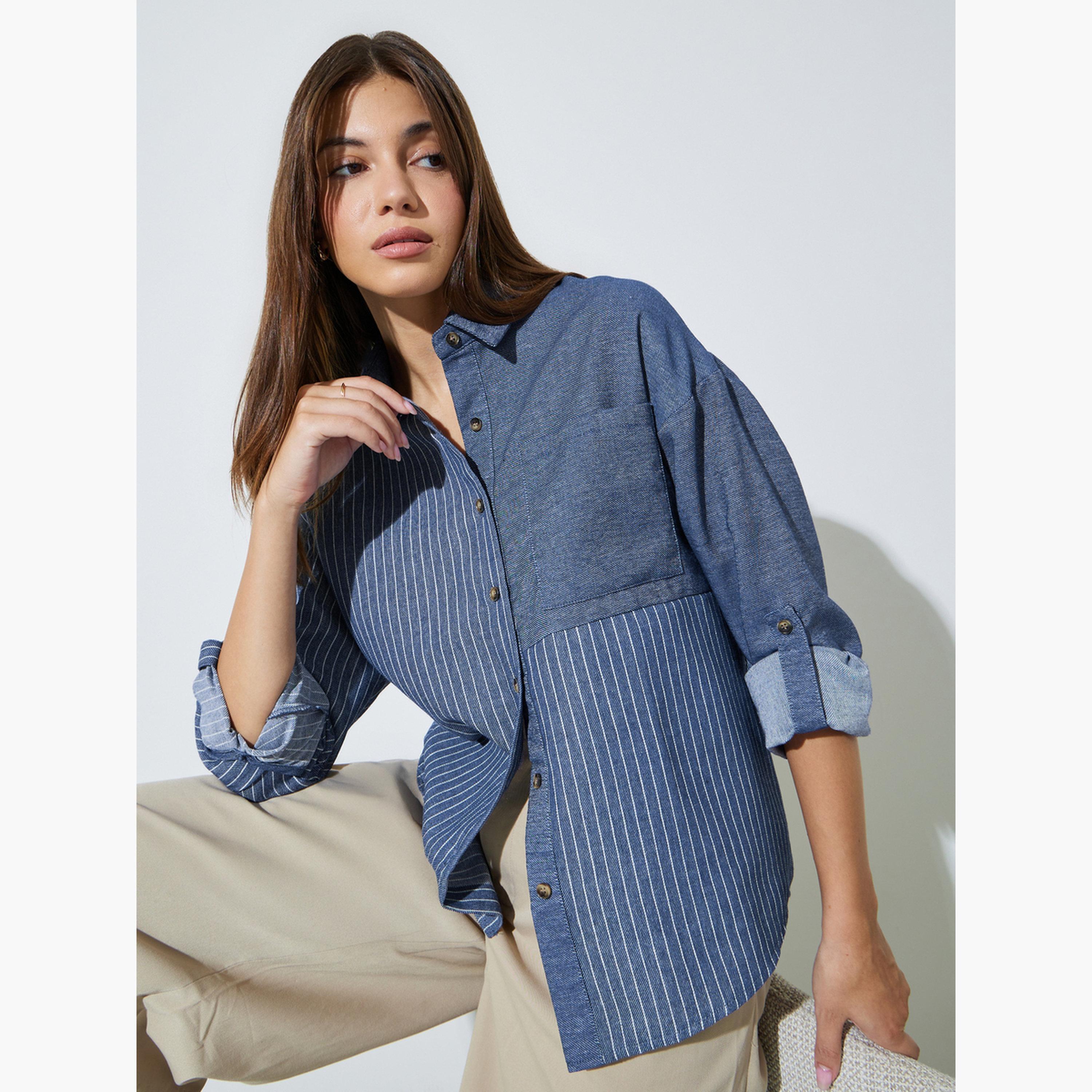 بلوزة قصة طويلة بنمط مخطط وتفاصيل جيب وأزرار-women-clothing-shirtsandblouses-shirts-image-3