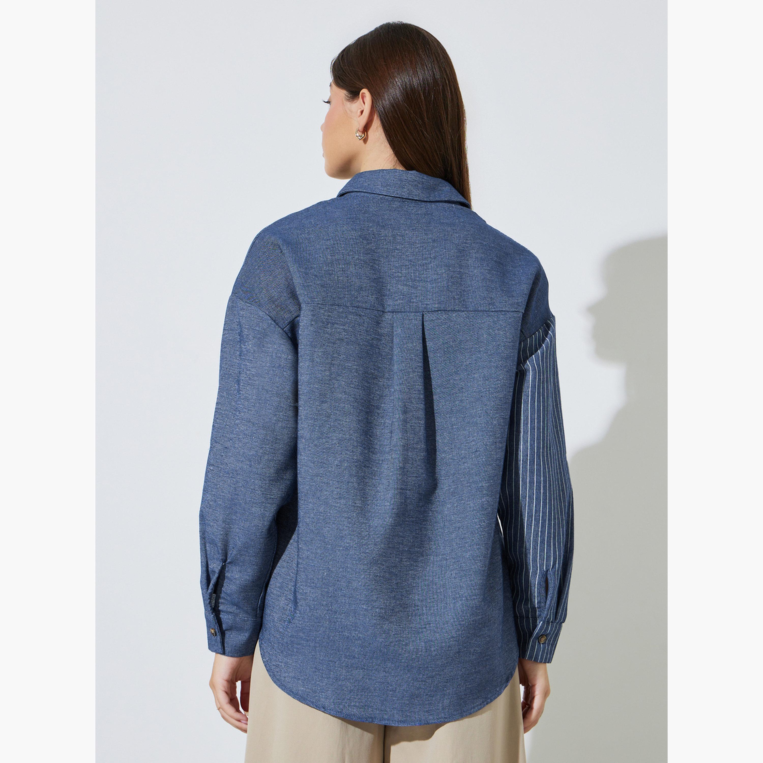 بلوزة قصة طويلة بنمط مخطط وتفاصيل جيب وأزرار-women-clothing-shirtsandblouses-shirts-image-4