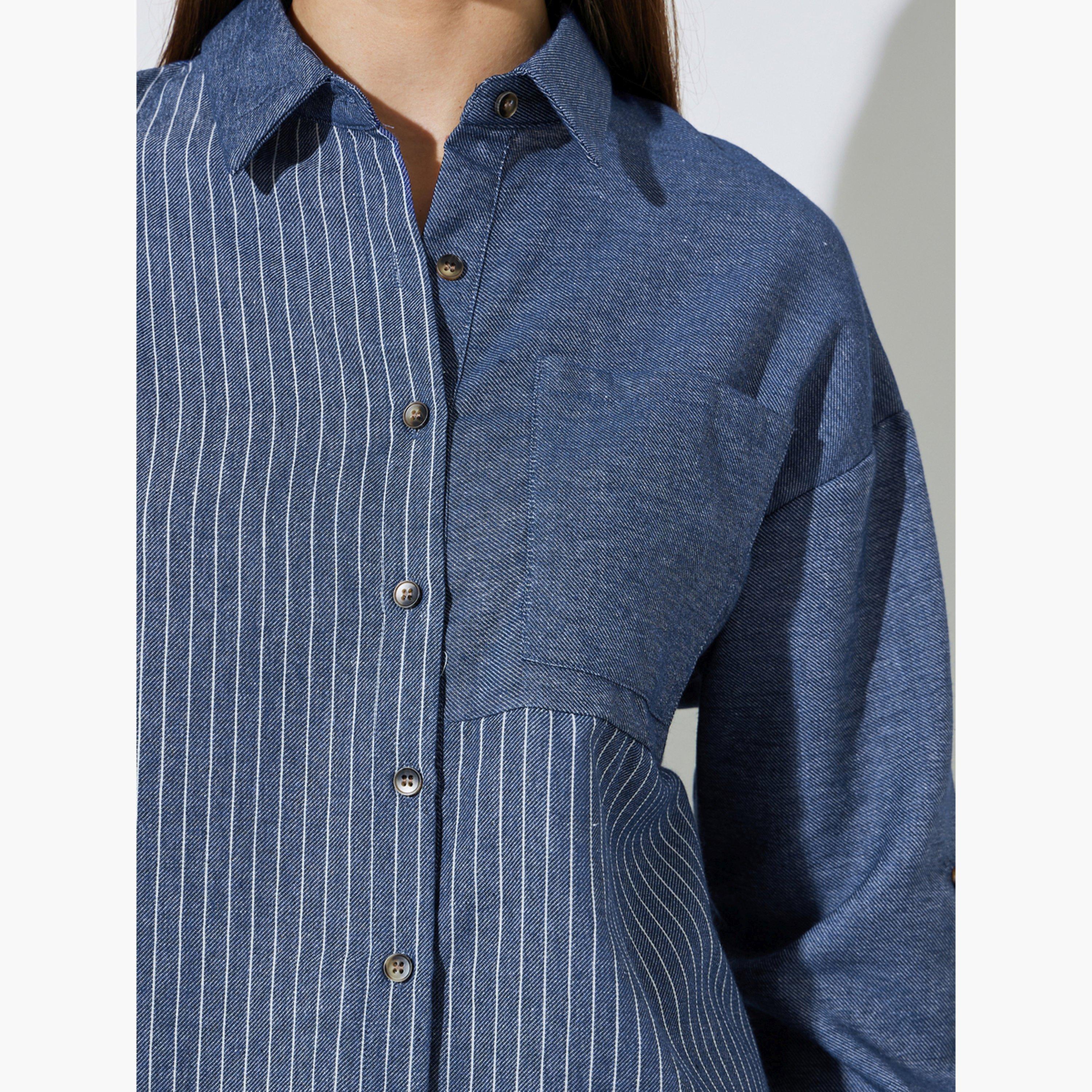 بلوزة قصة طويلة بنمط مخطط وتفاصيل جيب وأزرار-women-clothing-shirtsandblouses-shirts-image-5
