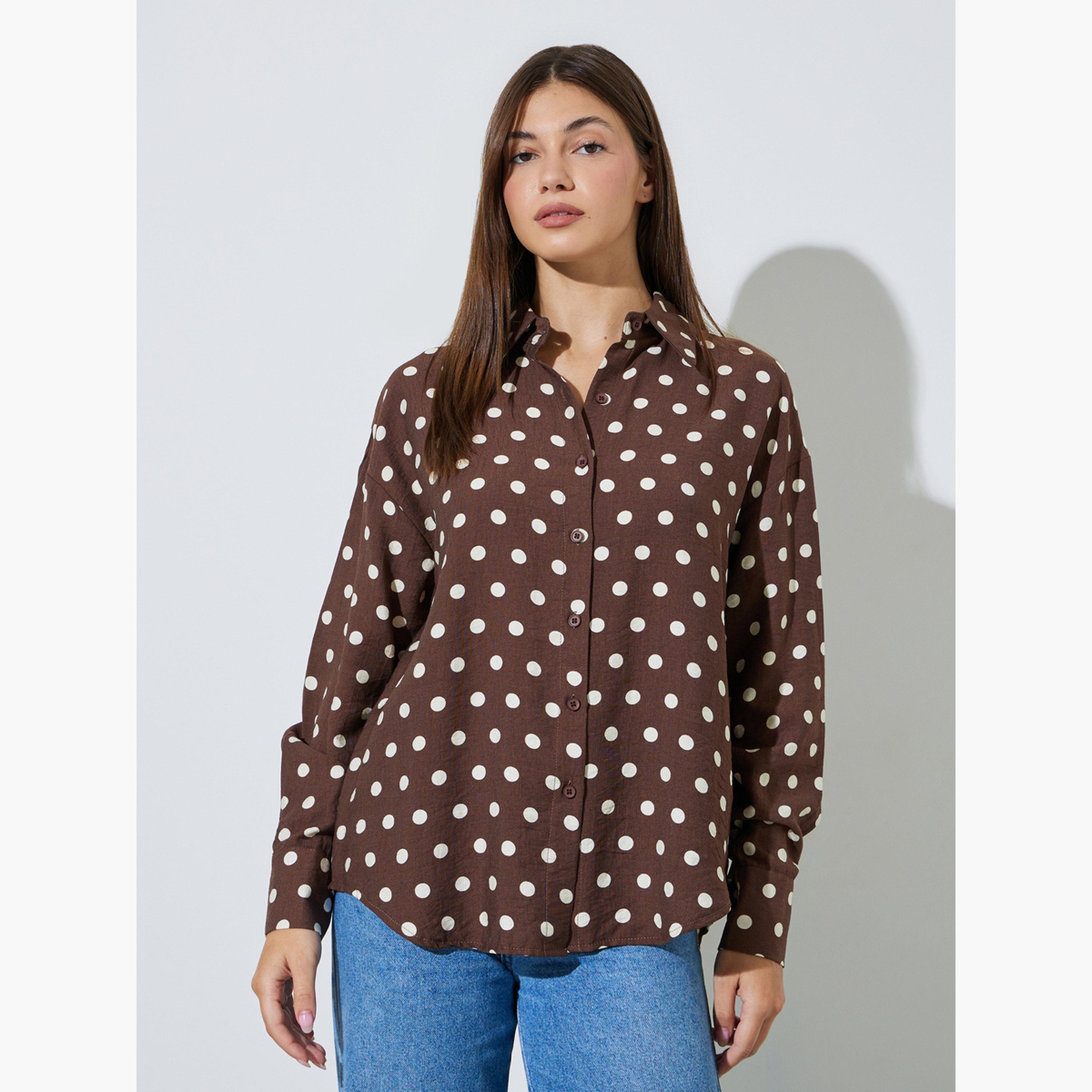بلوزة بطبعة نقاط بولكا وقصة عادية مع أكمام طويلة-women-clothing-shirtsandblouses-shirts-image-1