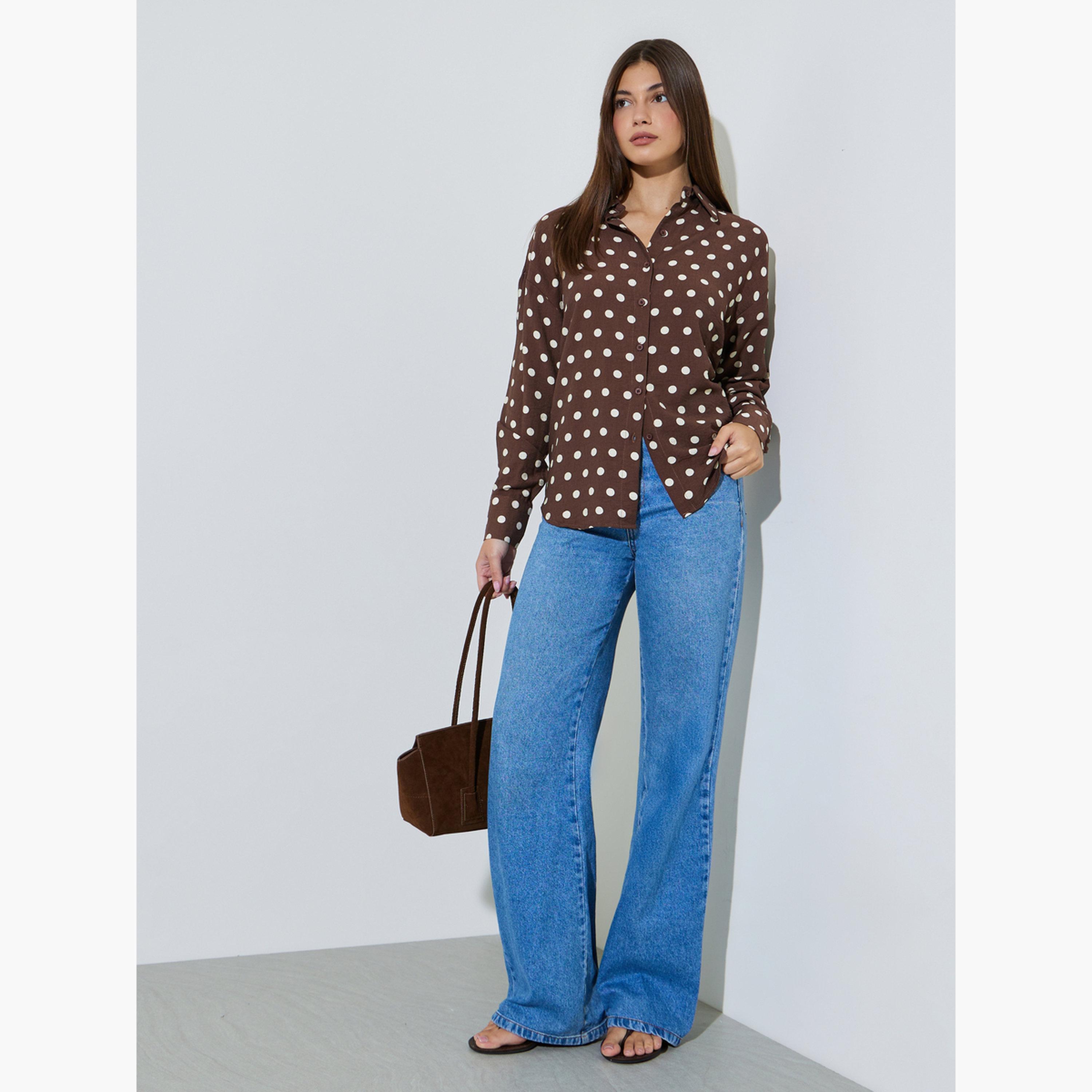 بلوزة بطبعة نقاط بولكا وقصة عادية مع أكمام طويلة-women-clothing-shirtsandblouses-shirts-image-2