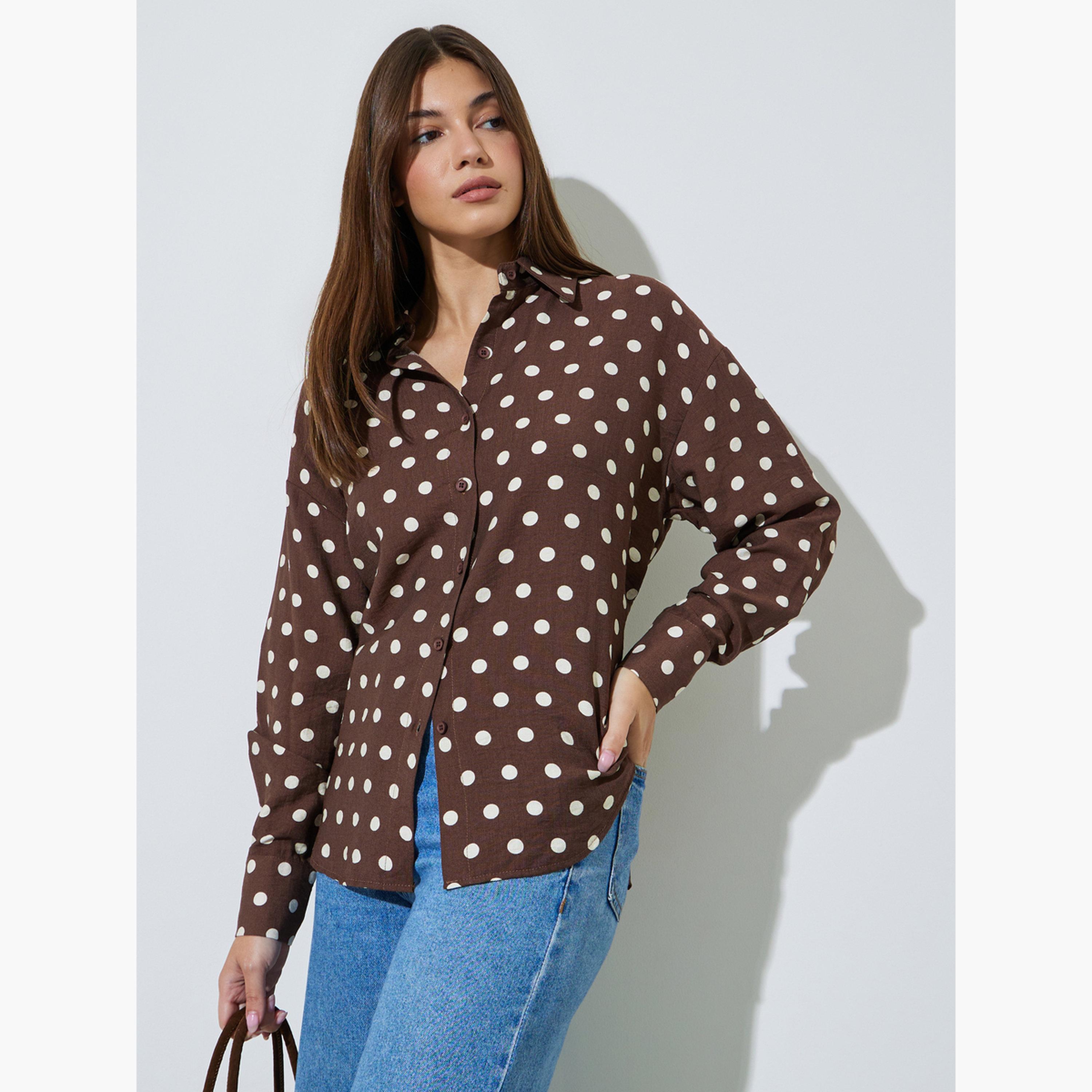 بلوزة بطبعة نقاط بولكا وقصة عادية مع أكمام طويلة-women-clothing-shirtsandblouses-shirts-image-3