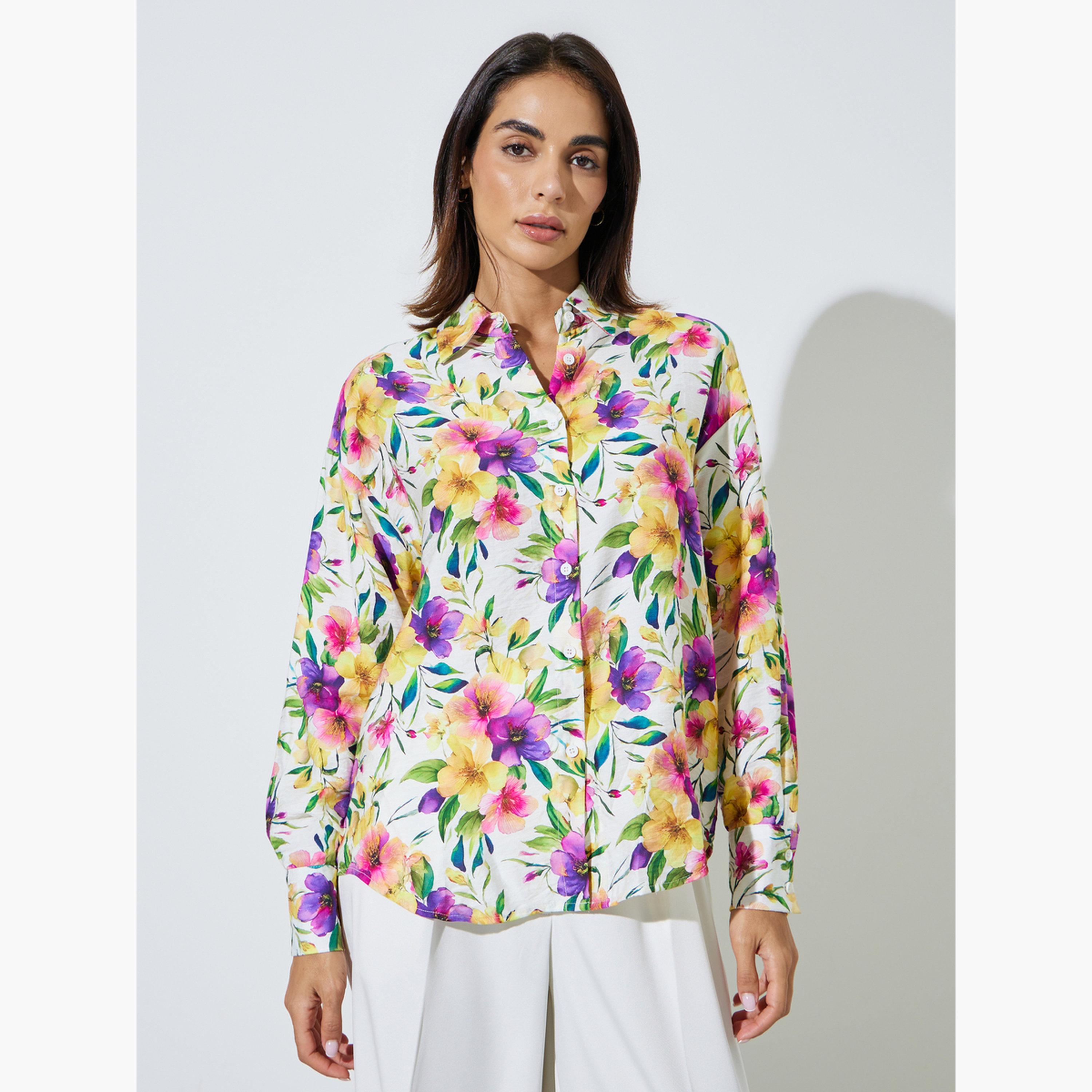 Styli Off White Floral Longline Shirt-women-clothing-shirtsandblouses-shirts-image-1