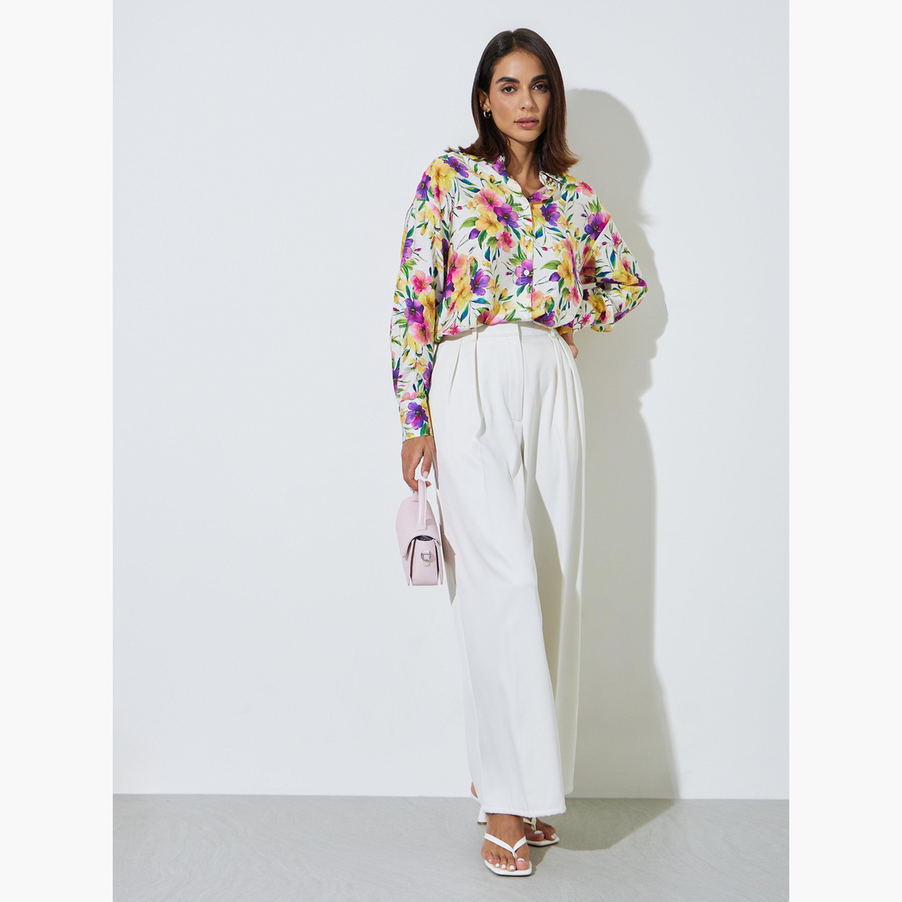 Styli Off White Floral Longline Shirt-women-clothing-shirtsandblouses-shirts-image-2