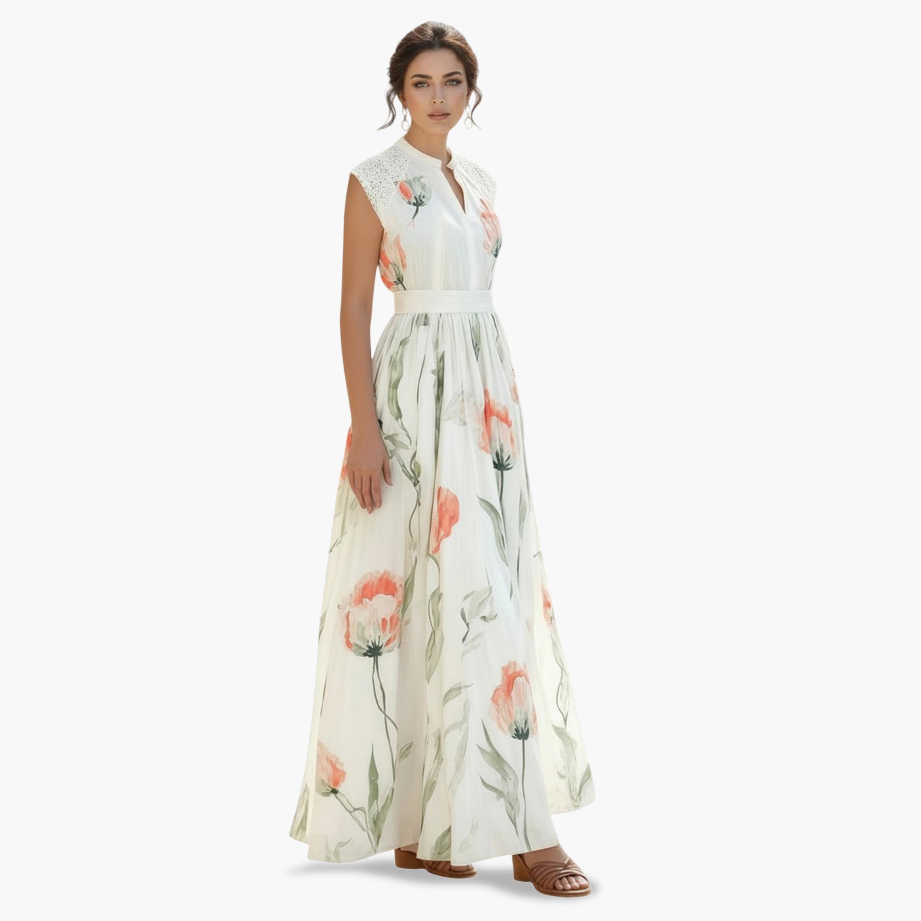 Styli Off White Floral Lace Trim A-Line Maxi Dress-women-clothing-dresses-image-2