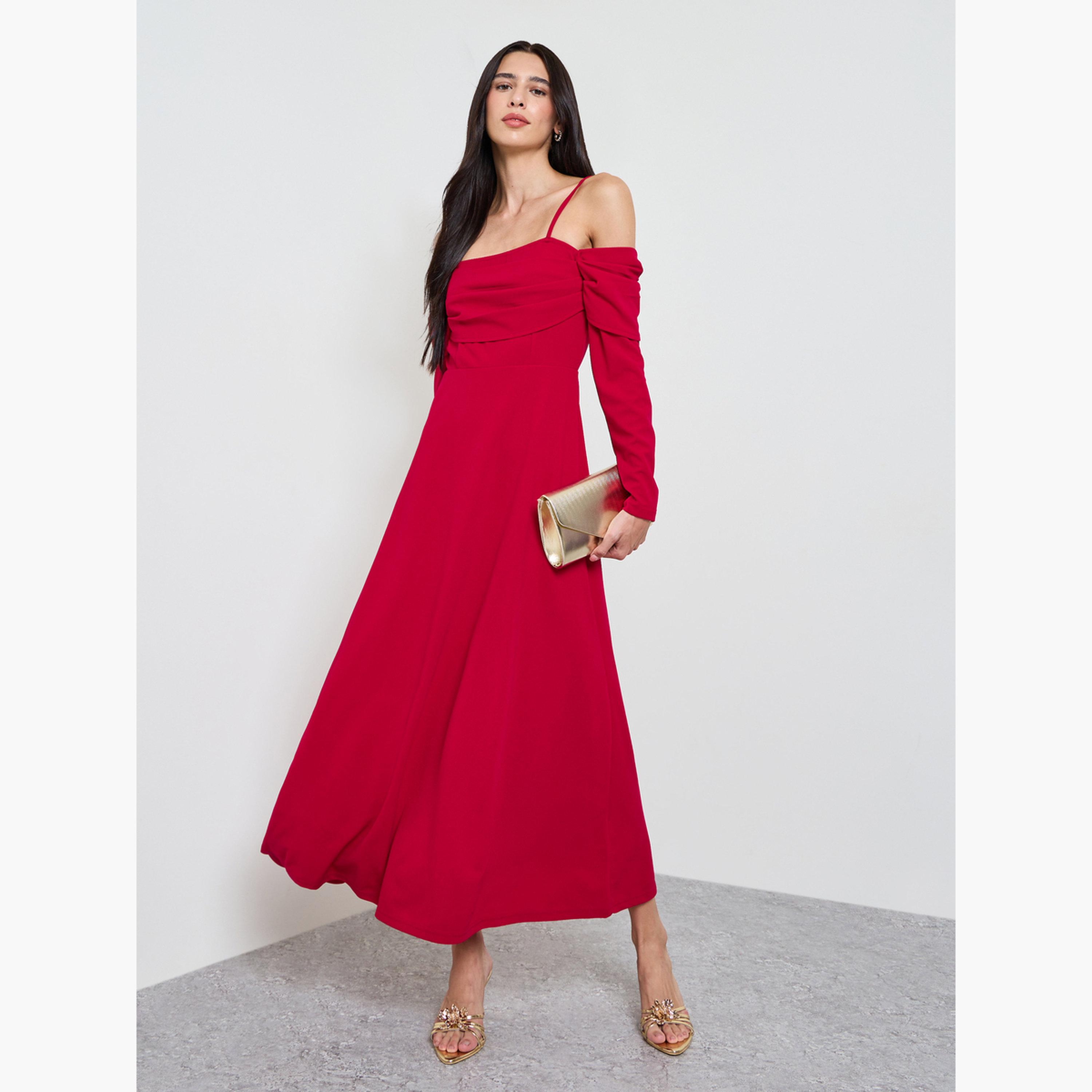 Styli Red Cold Shoulder A-Line Maxi Dress-women-clothing-dresses-image-1