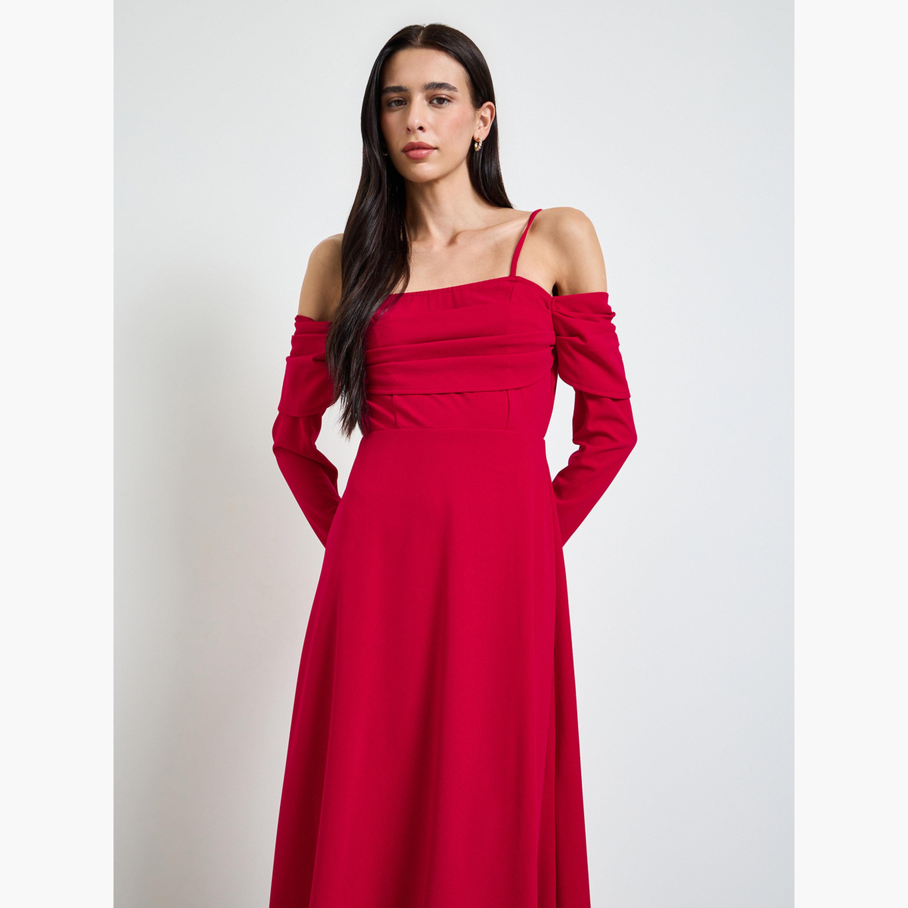 Styli Red Cold Shoulder A-Line Maxi Dress-women-clothing-dresses-image-2