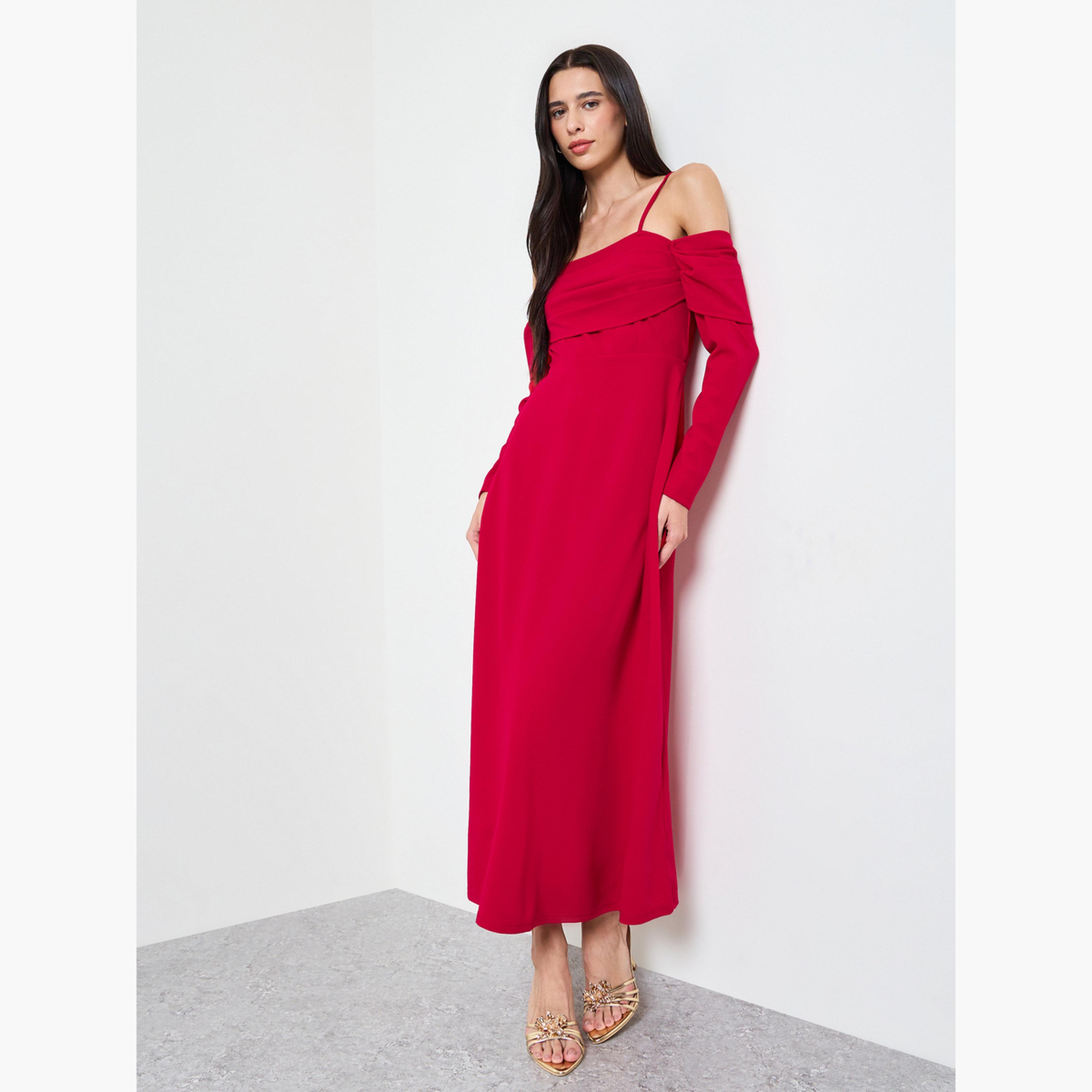 Styli Red Cold Shoulder A-Line Maxi Dress-women-clothing-dresses-image-3