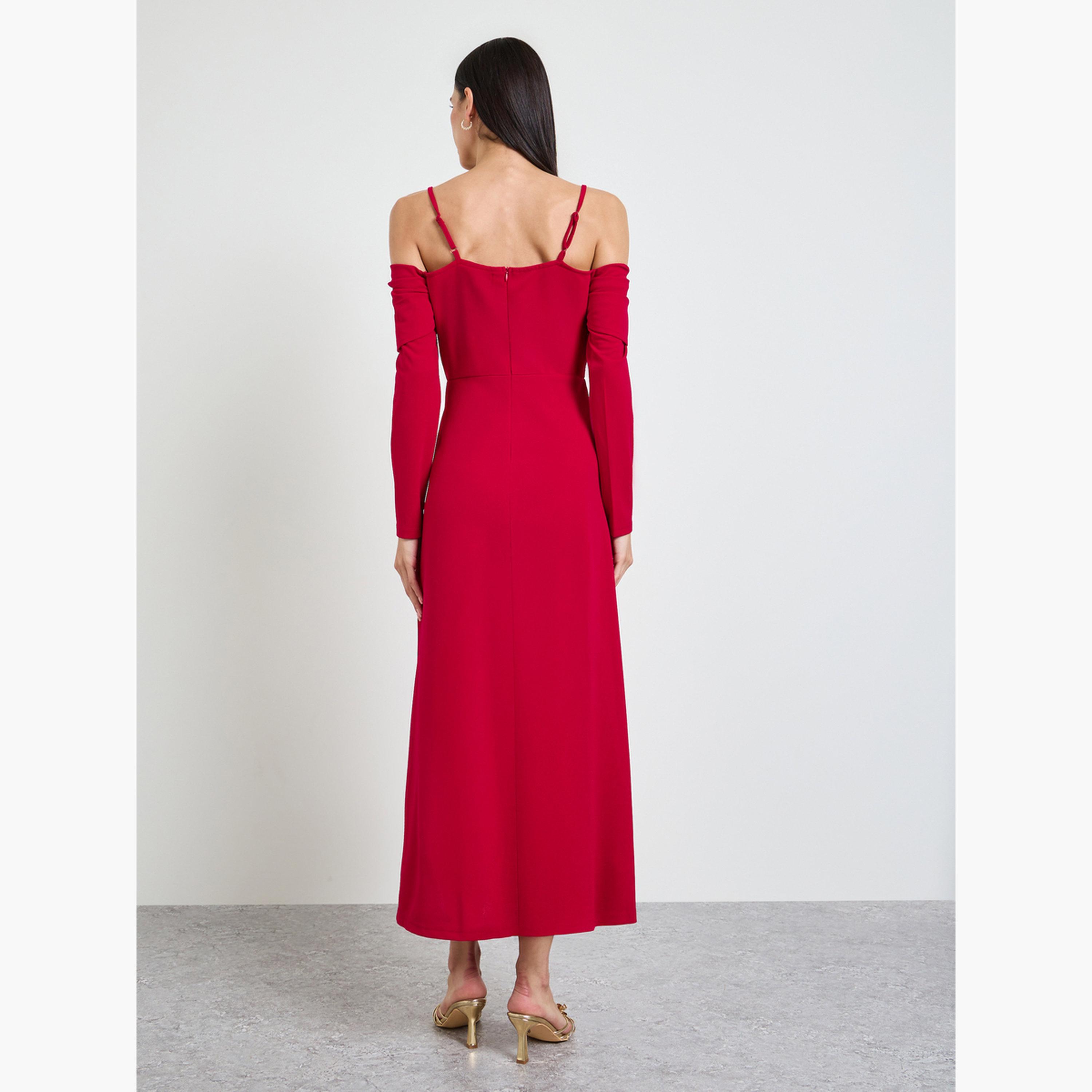 Styli Red Cold Shoulder A-Line Maxi Dress-women-clothing-dresses-image-4
