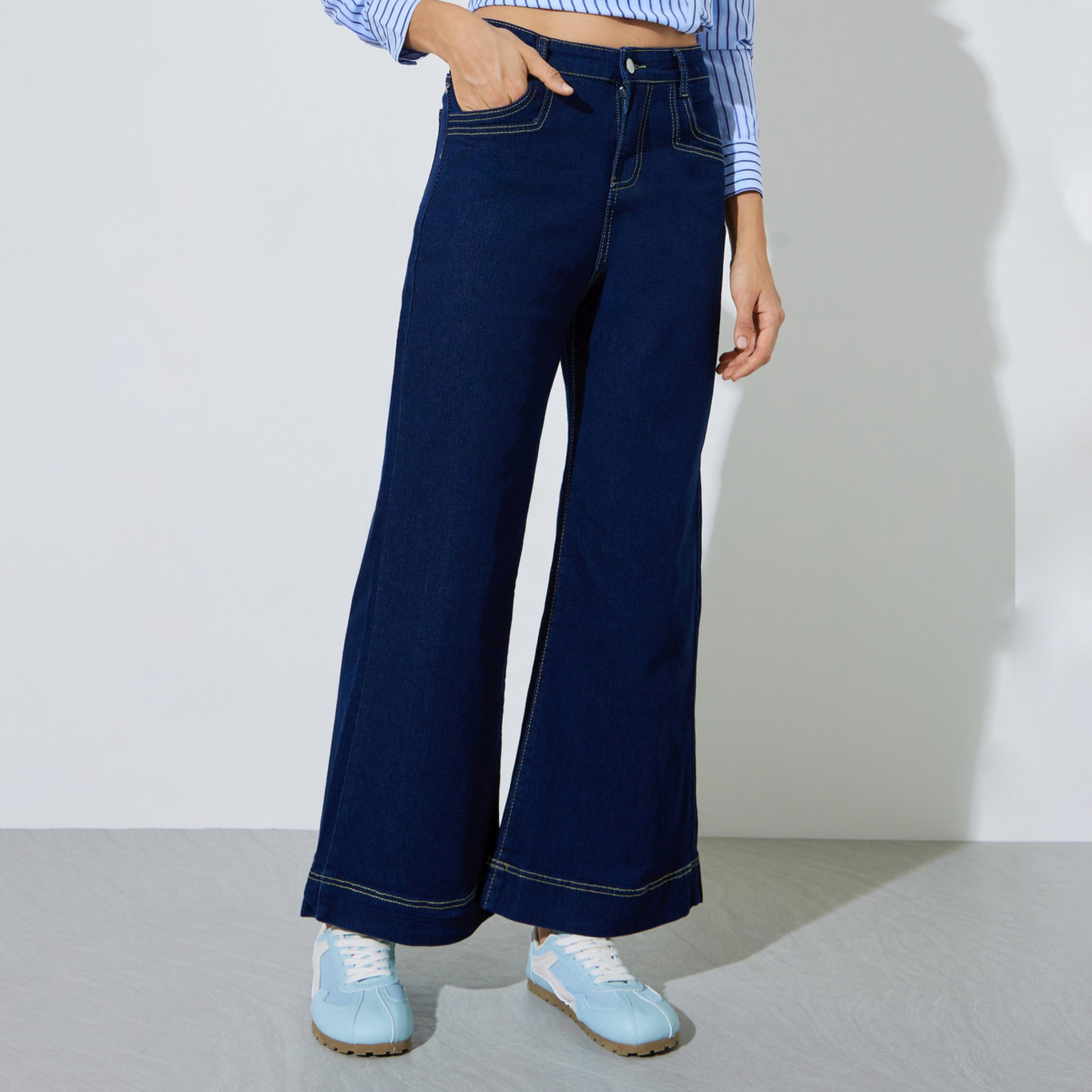 Styli Dark Blue Mid Rise Wide Leg Jeans-women-clothing-bottoms-jeans-image-1