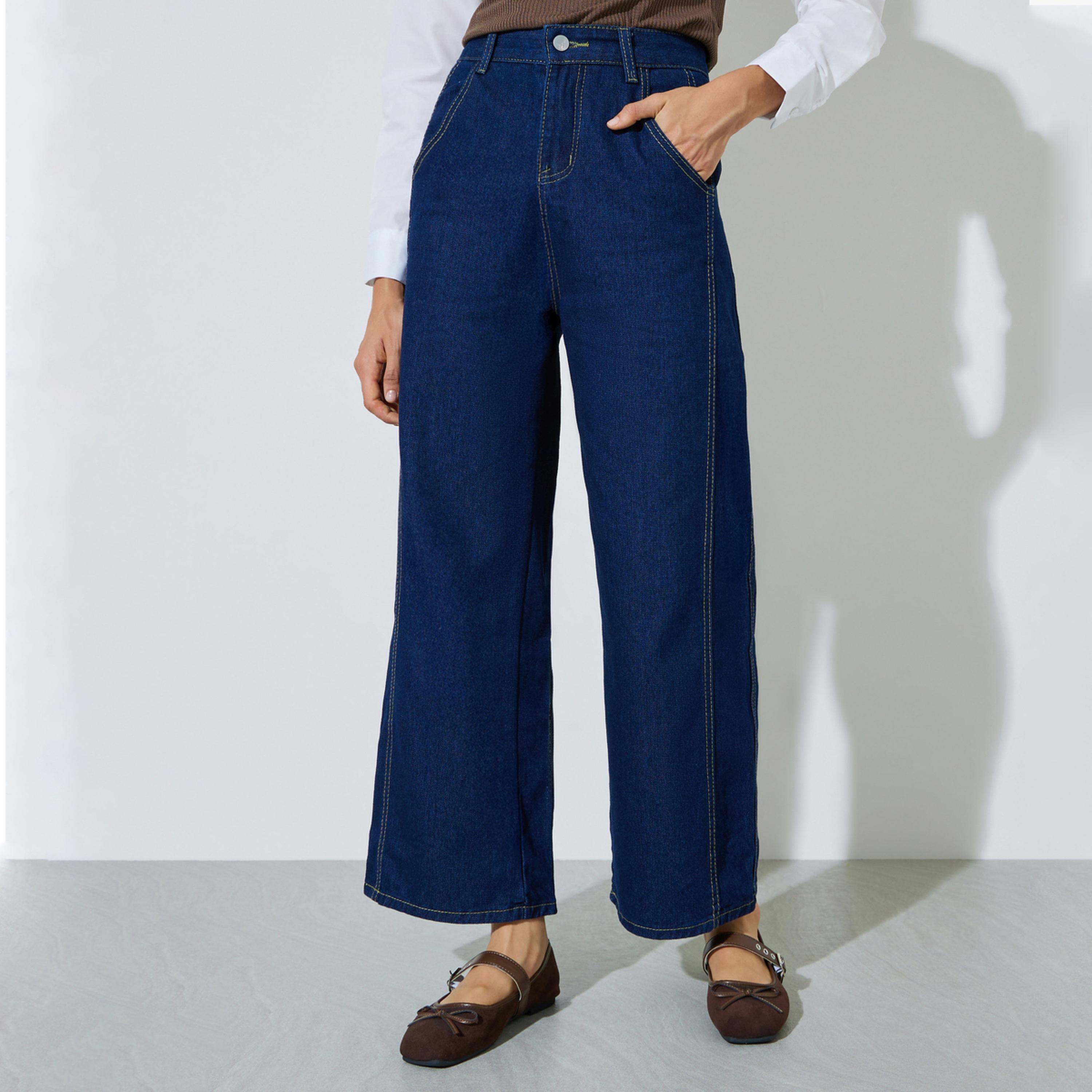 Styli Dark Blue Mid Rise Wide Leg Jeans-women-clothing-bottoms-jeans-image-1