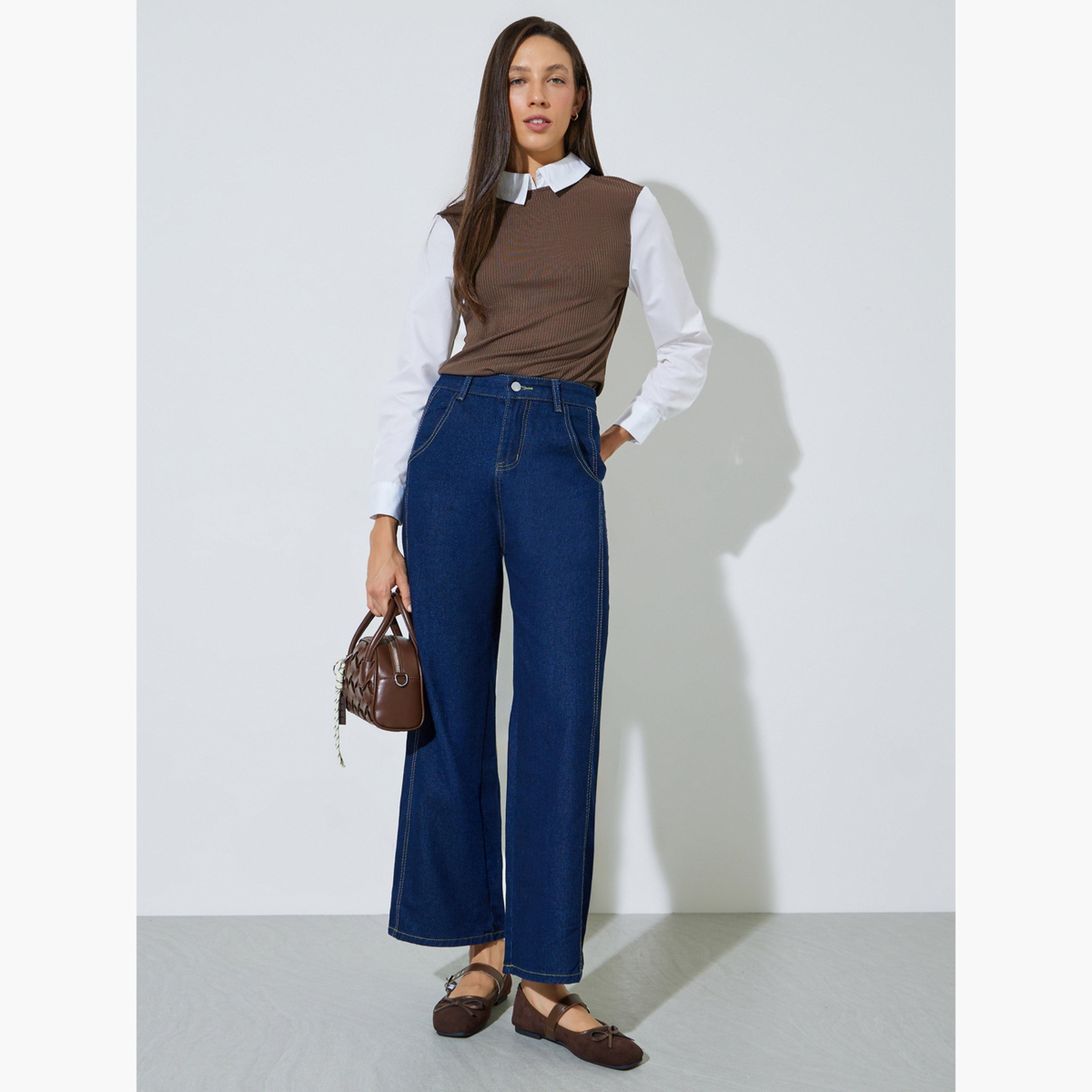 Styli Dark Blue Mid Rise Wide Leg Jeans-women-clothing-bottoms-jeans-image-2