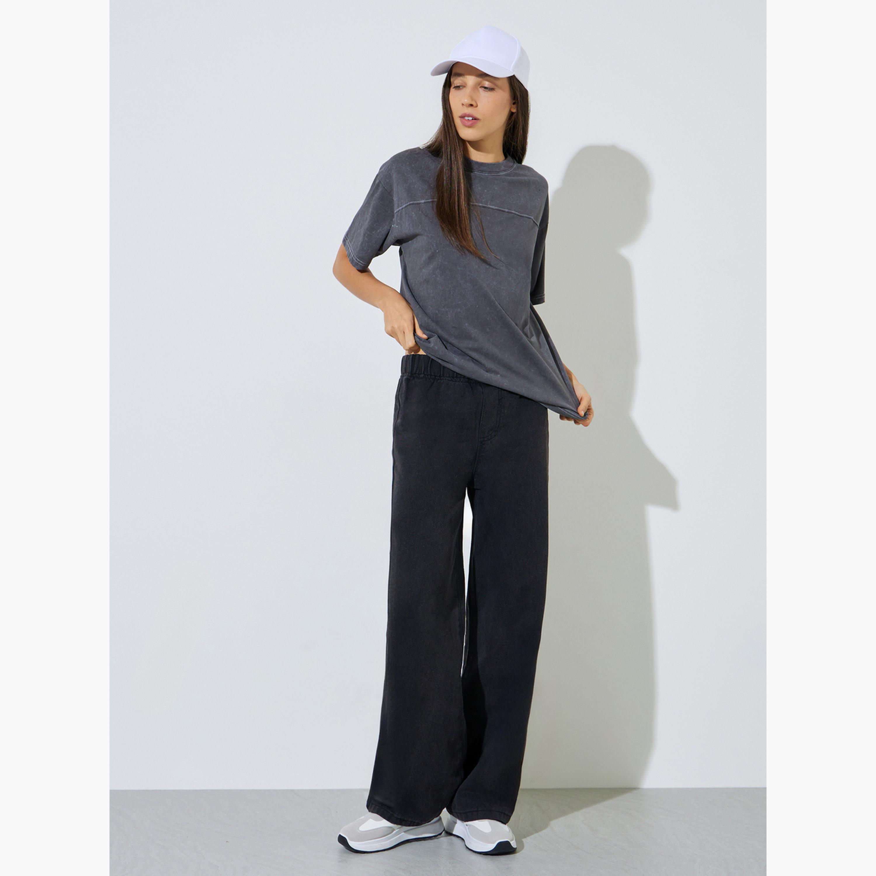 Styli Black Wide Leg Jeans with Elastic Waistband-women-clothing-bottoms-jeans-image-2
