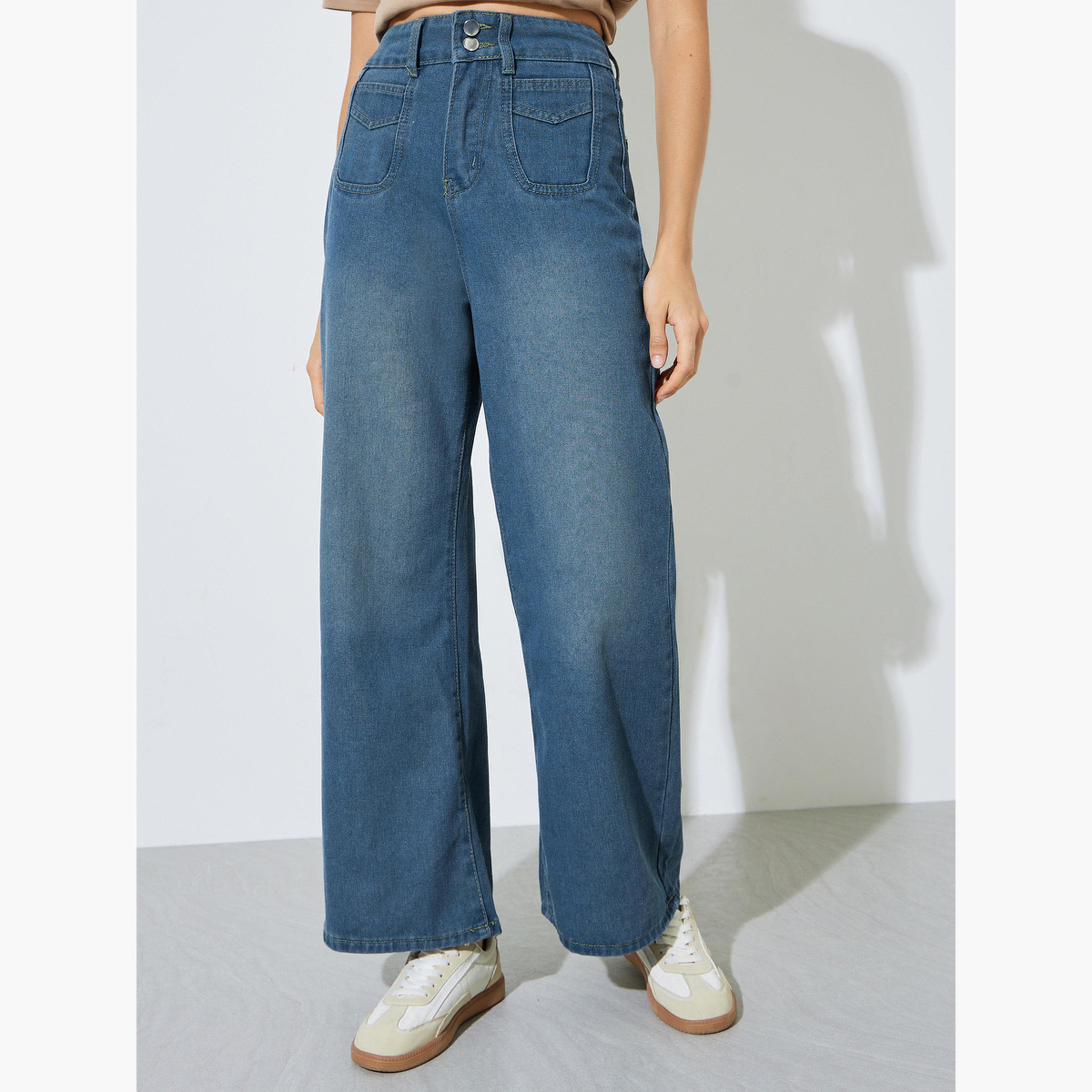Styli Medium Blue High Rise Wide Leg Jeans-women-clothing-bottoms-jeans-image-1