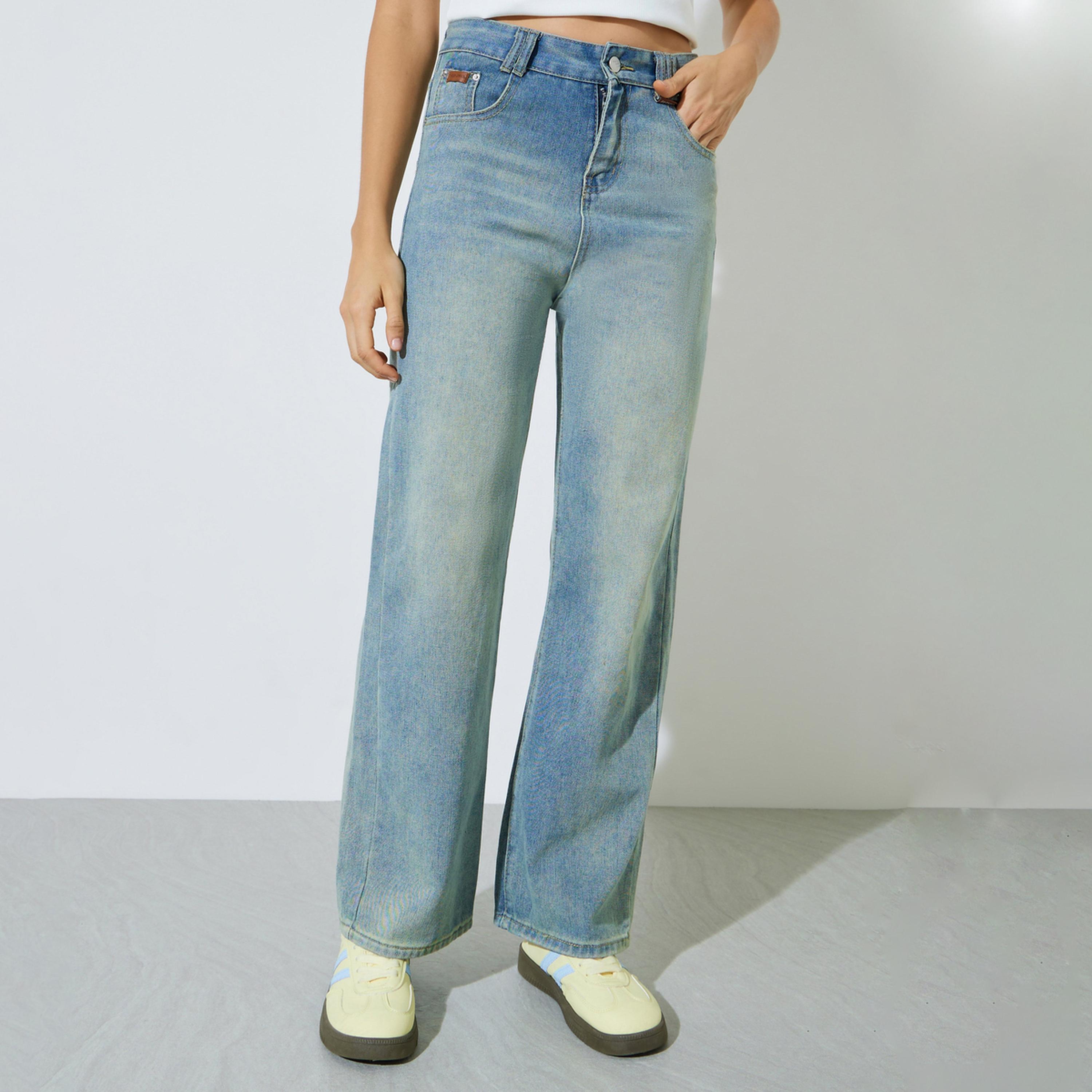 Styli Medium Blue Mid-Rise Faded Straight Fit Jeans-women-clothing-bottoms-jeans-image-1