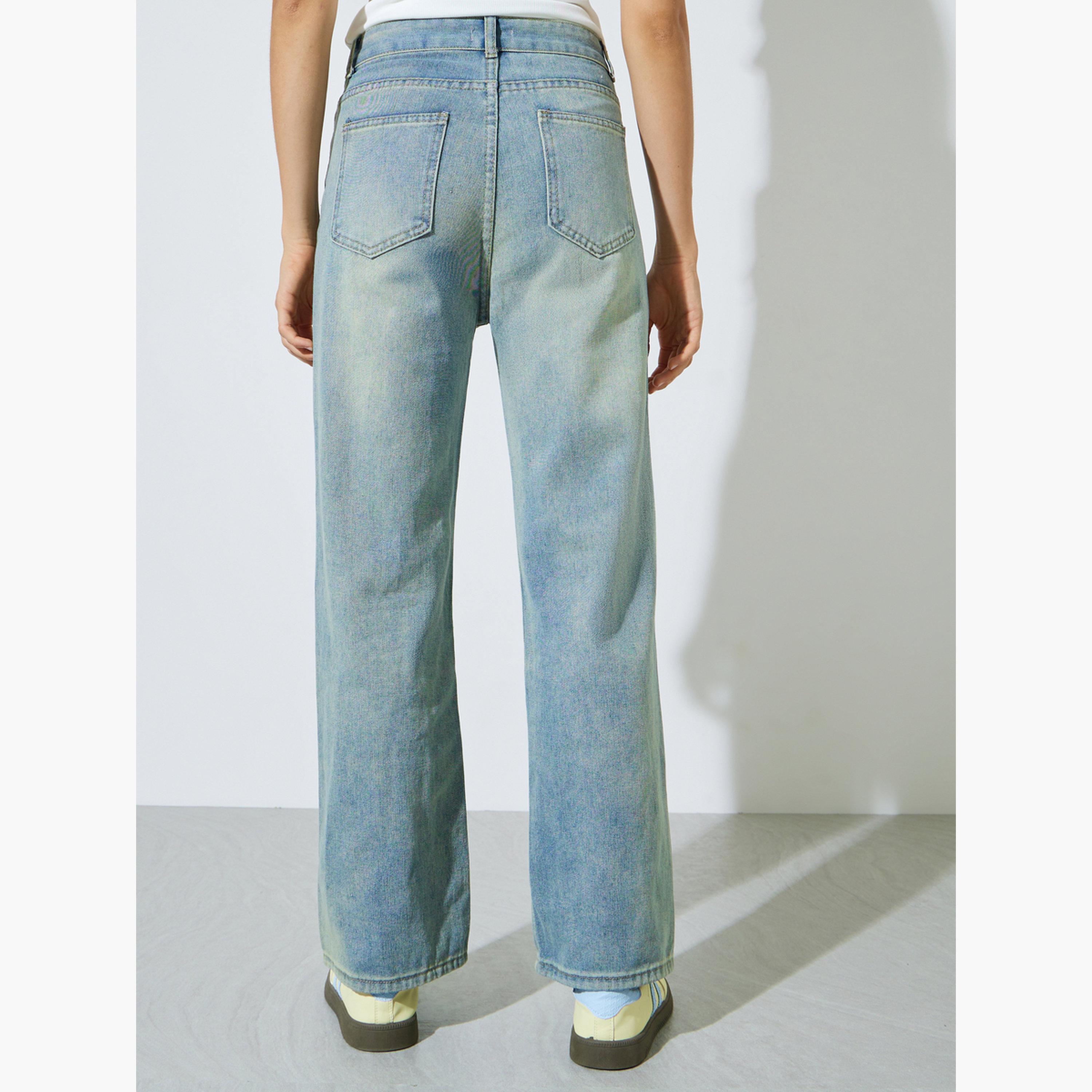 Styli Medium Blue Mid-Rise Faded Straight Fit Jeans-women-clothing-bottoms-jeans-image-4