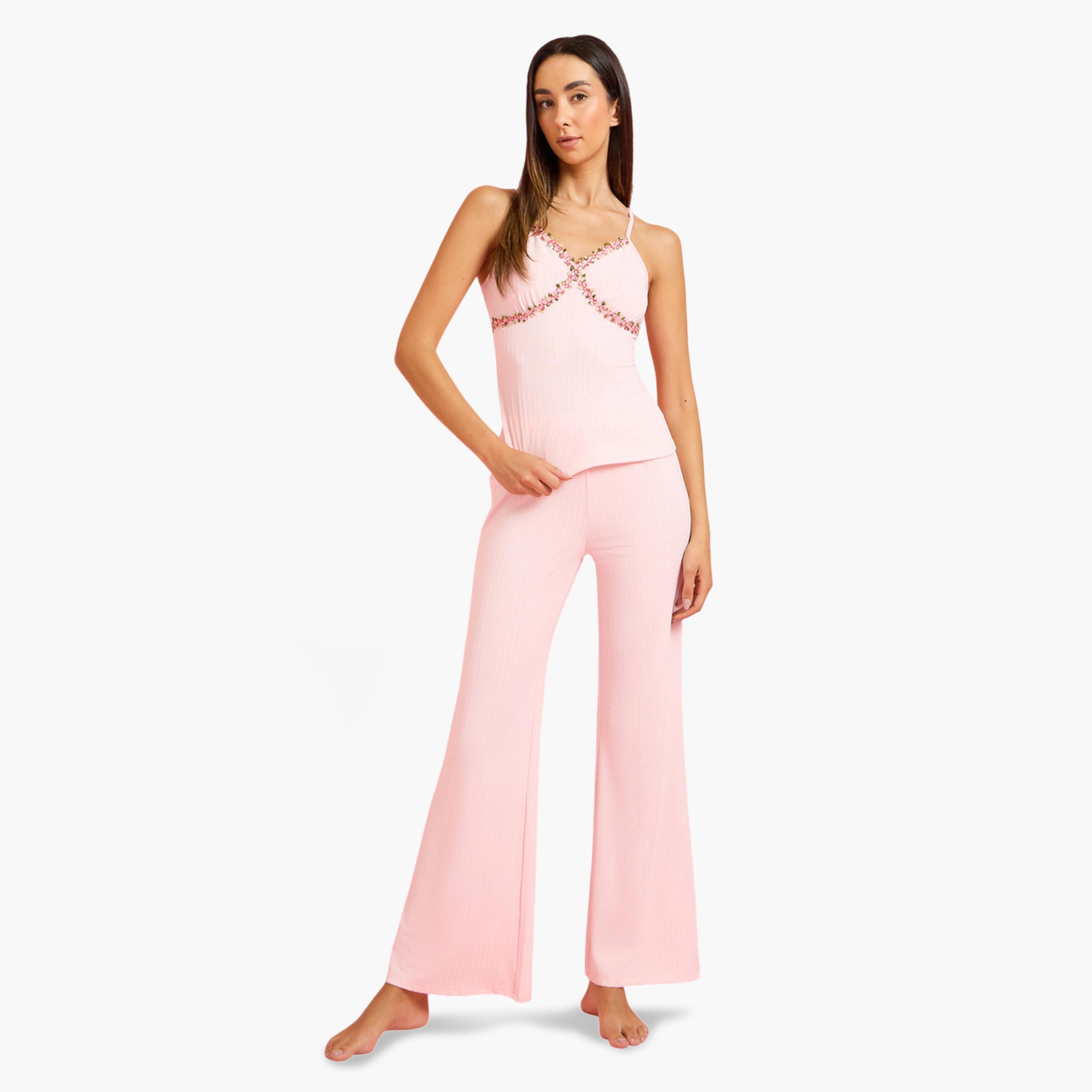 Styli Pink Rib Floral Embroidered Lace Detail Cami and Pyjama Set-women-clothing-nightwear-pyjamas-longsets-image-1