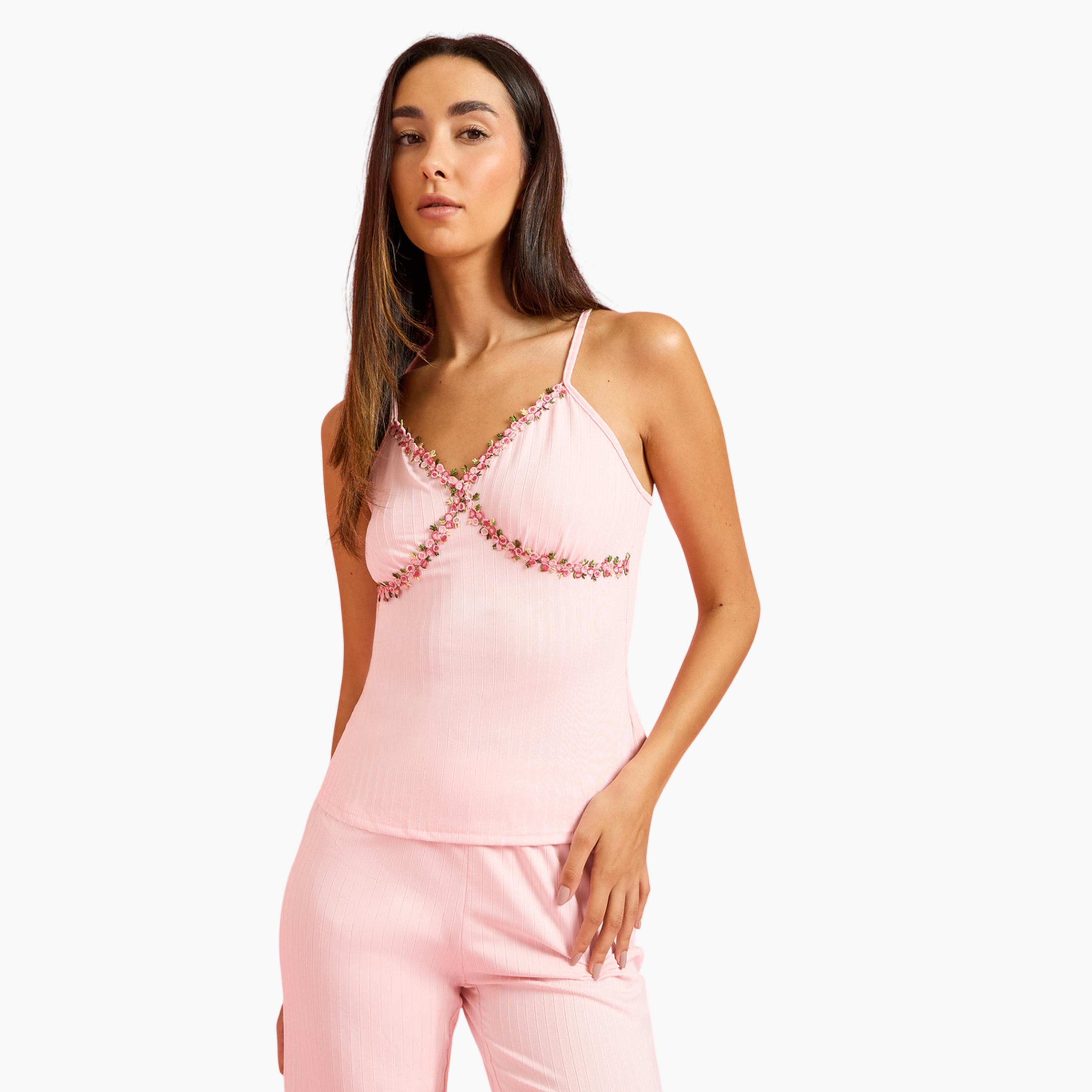 Styli Pink Rib Floral Embroidered Lace Detail Cami and Pyjama Set-women-clothing-nightwear-pyjamas-longsets-image-3