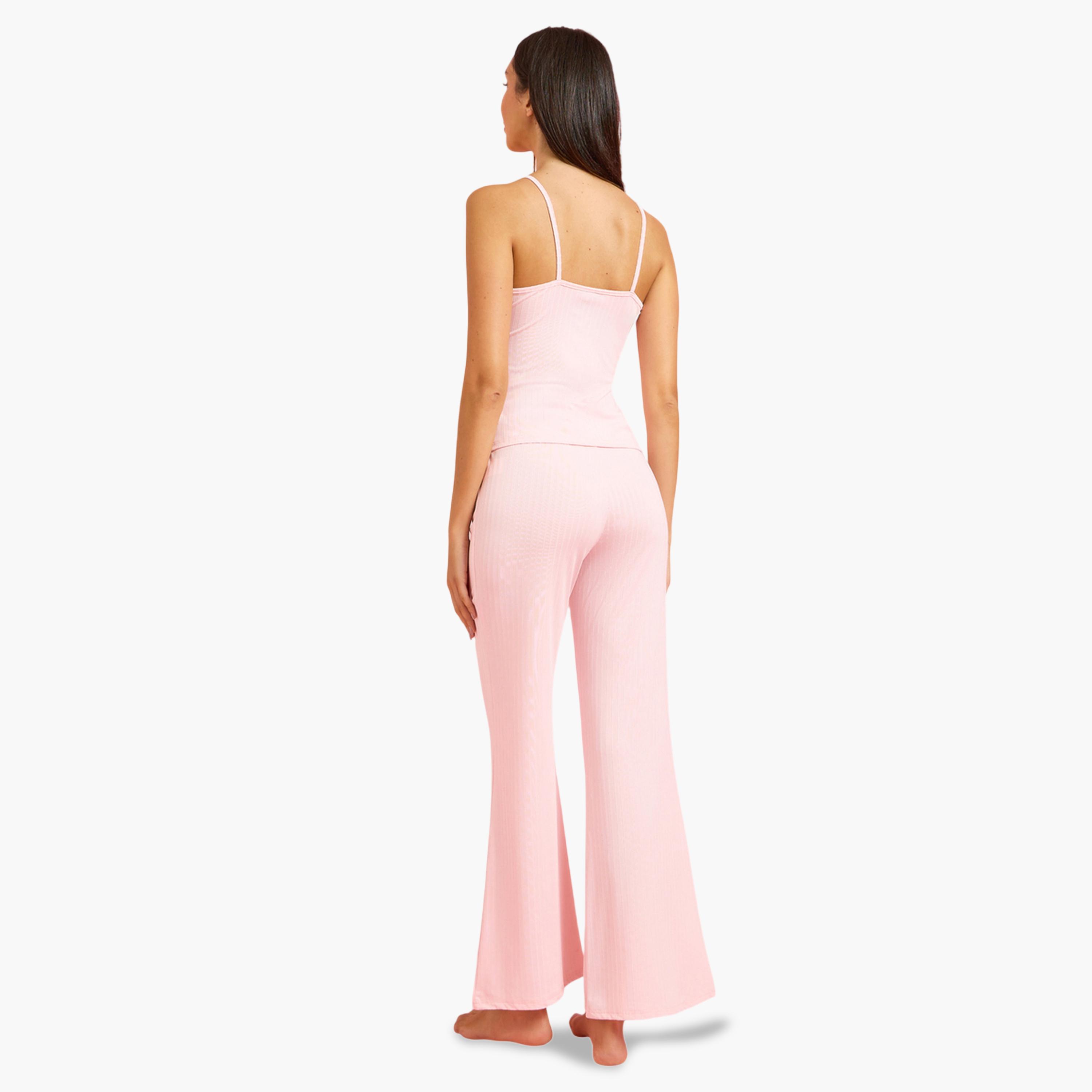 Styli Pink Rib Floral Embroidered Lace Detail Cami and Pyjama Set-women-clothing-nightwear-pyjamas-longsets-image-4