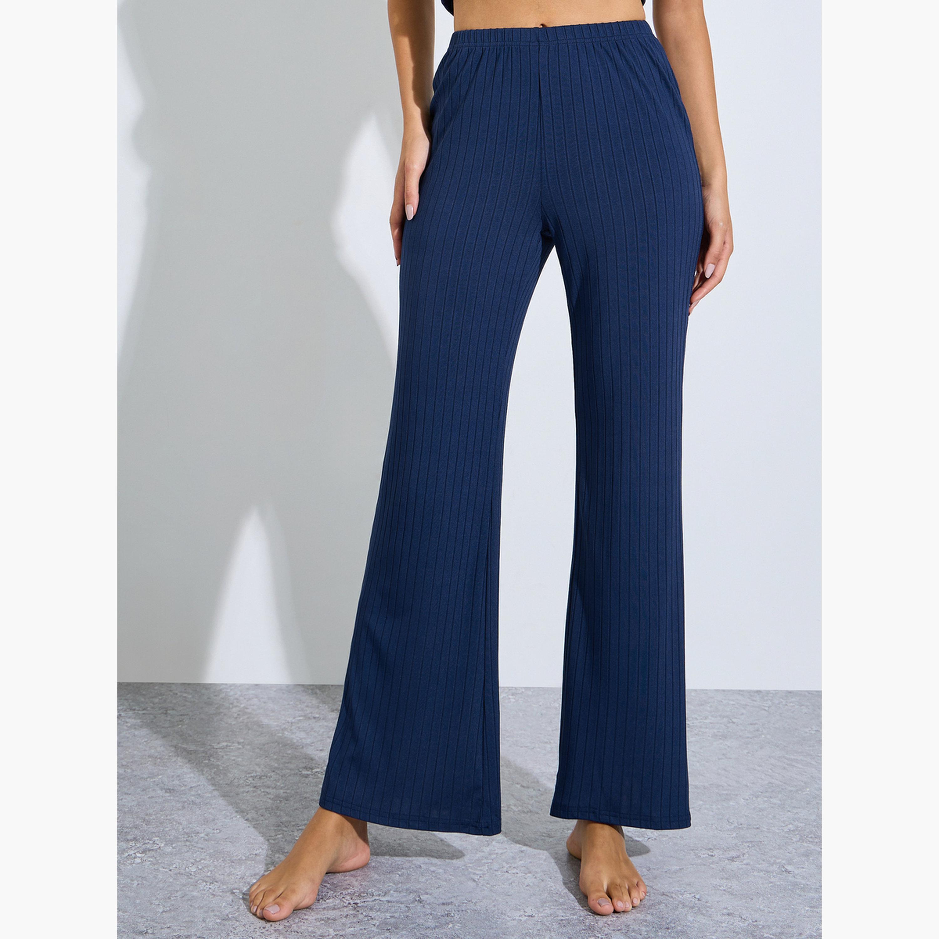 Styli Navy Blue Rib Floral Embroidered Lace Detail Cami and Pyjama Set-women-clothing-nightwear-pyjamas-longsets-image-5