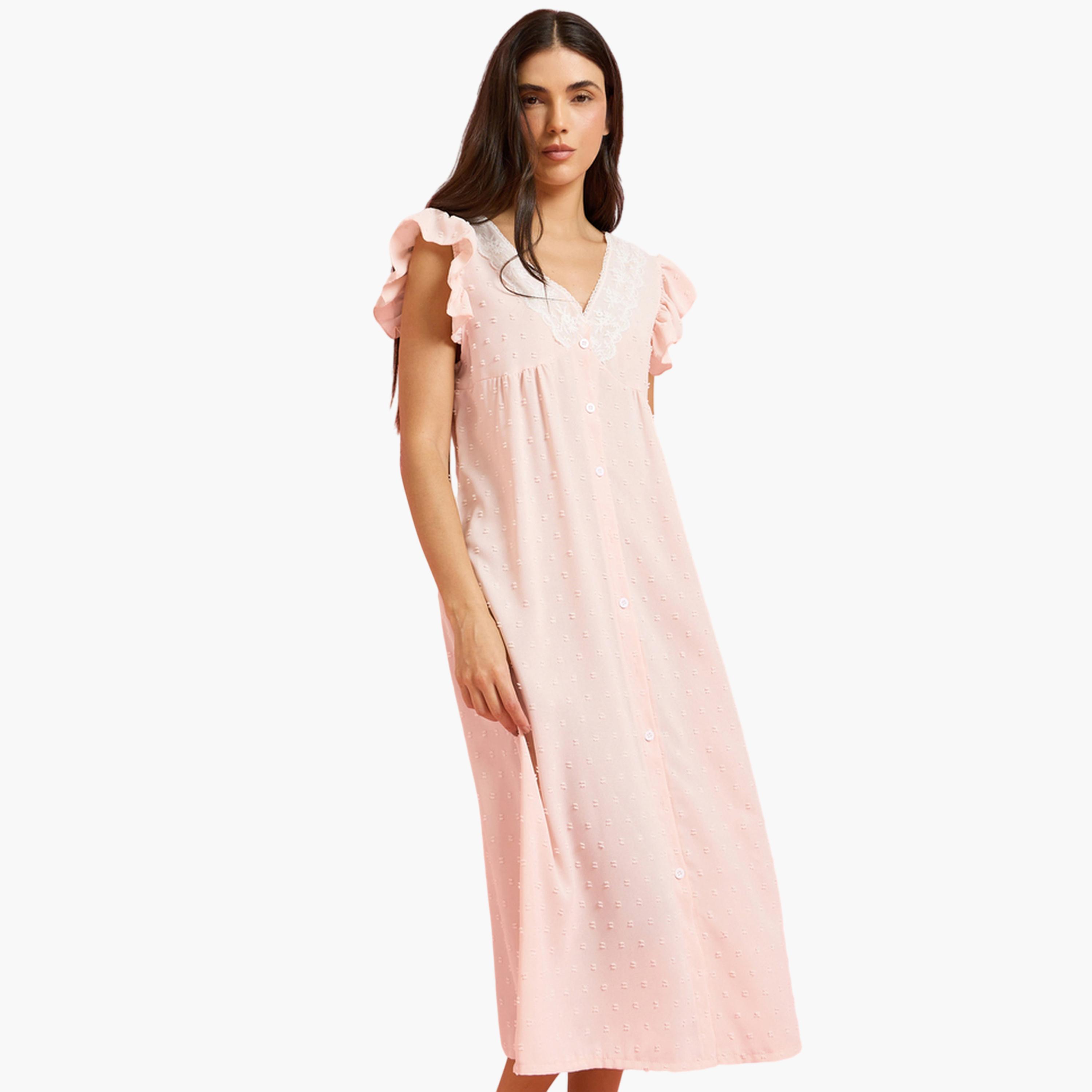 قميص نوم بأزرار وأكمام مكشكشة وتفاصيل دانتيل-women-clothing-nightwear-nighties-image-1