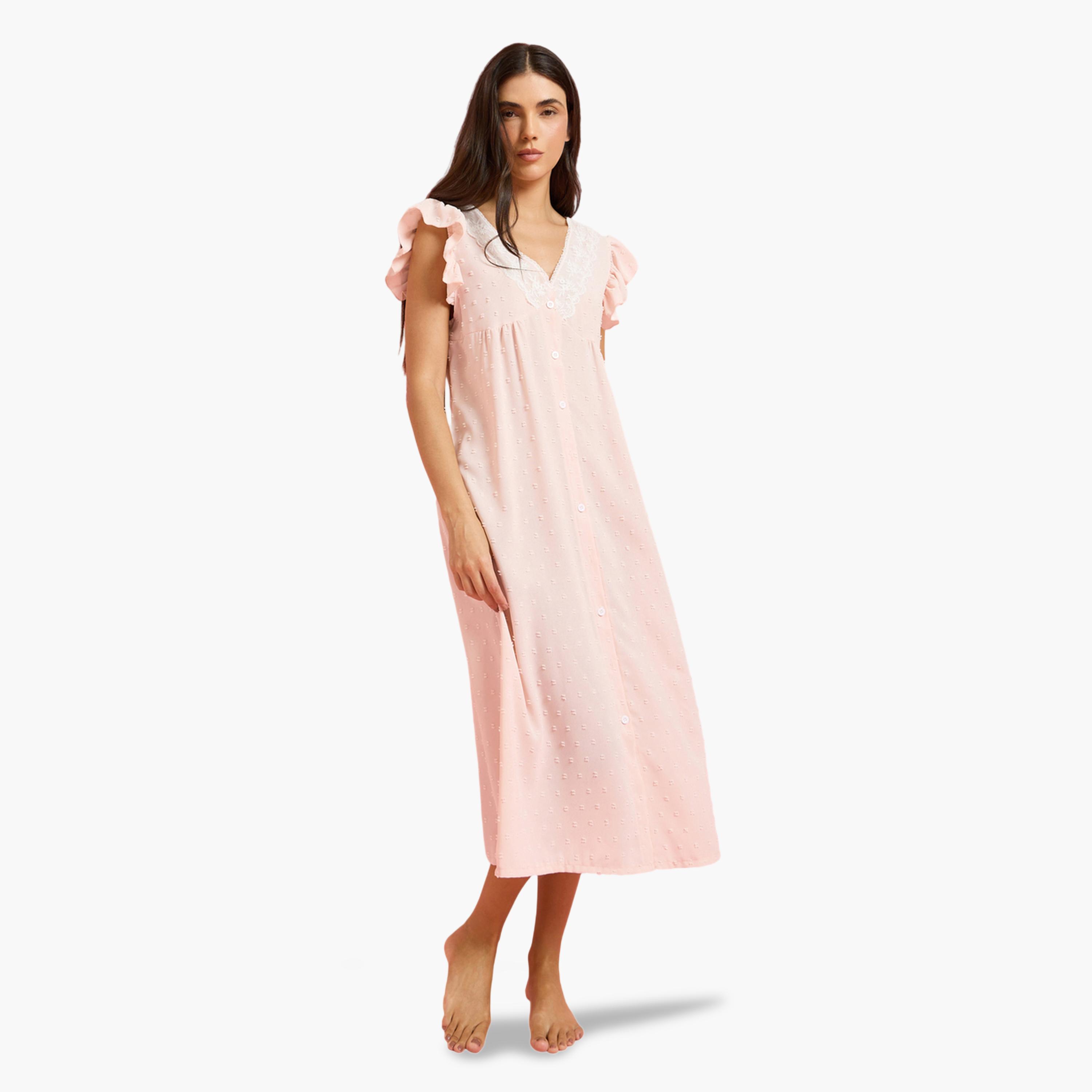 قميص نوم بأزرار وأكمام مكشكشة وتفاصيل دانتيل-women-clothing-nightwear-nighties-image-2