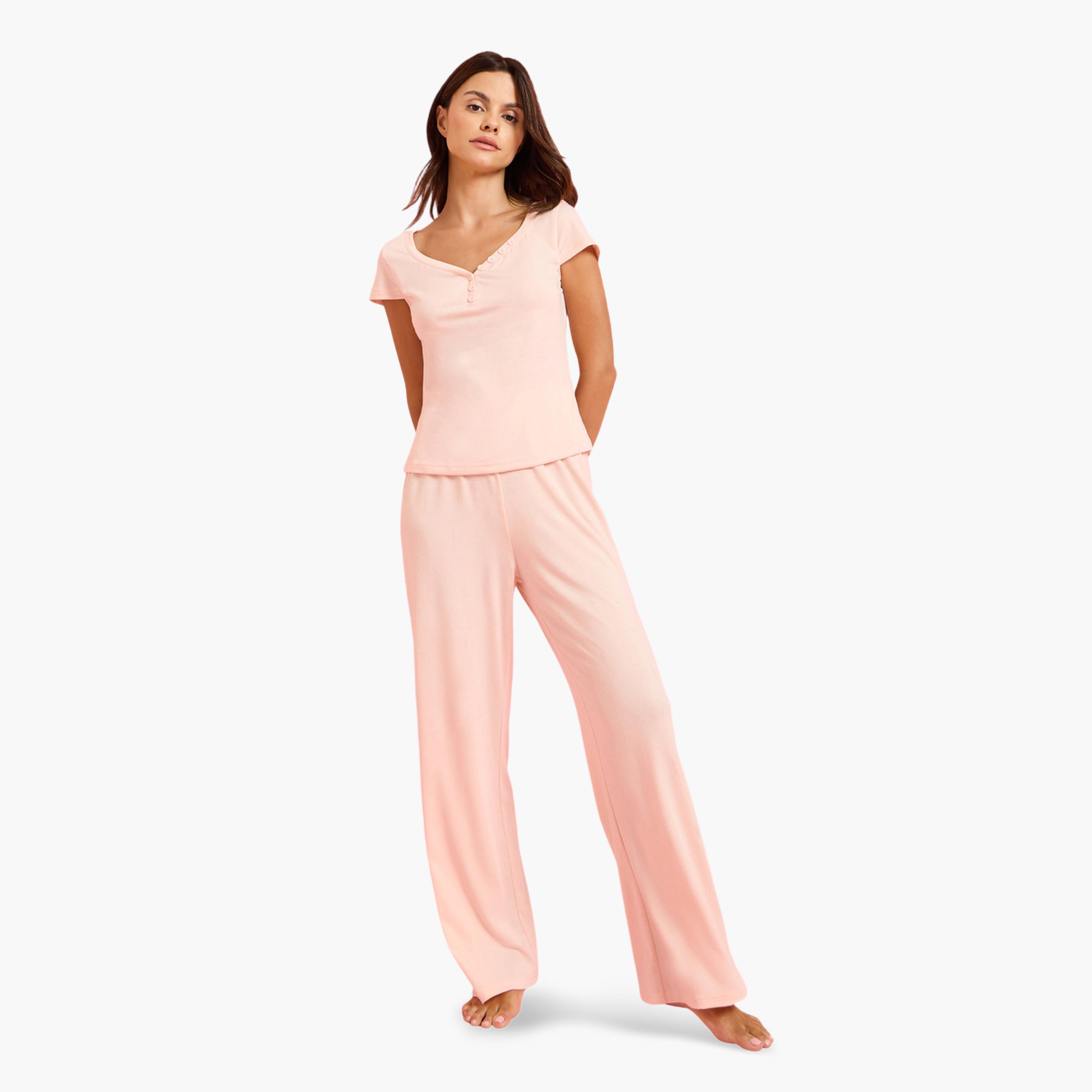 Styli Pink Button Detail Open Placket T-Shirt and Pyjama Set-women-clothing-nightwear-pyjamas-longsets-image-1