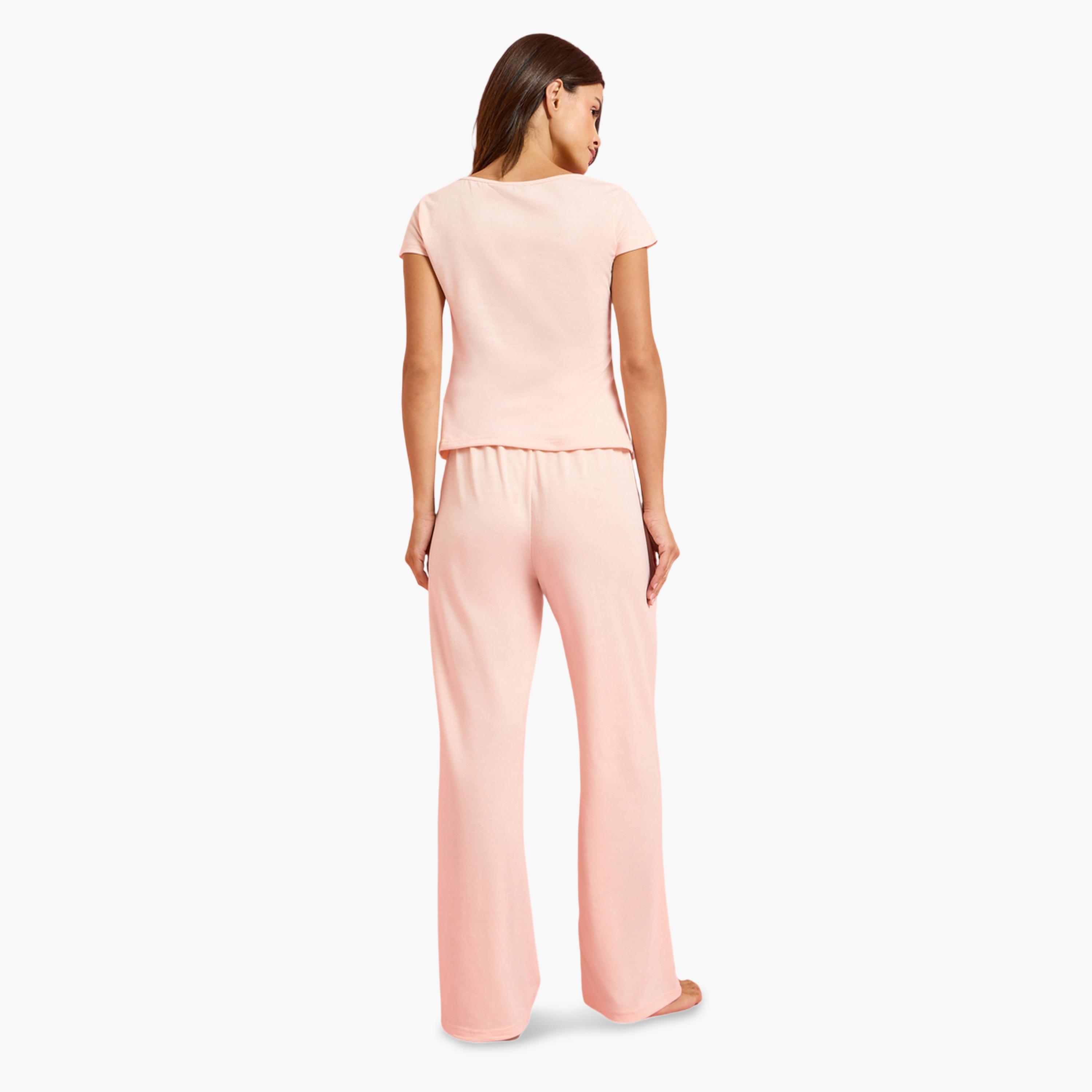 Styli Pink Button Detail Open Placket T-Shirt and Pyjama Set-women-clothing-nightwear-pyjamas-longsets-image-3