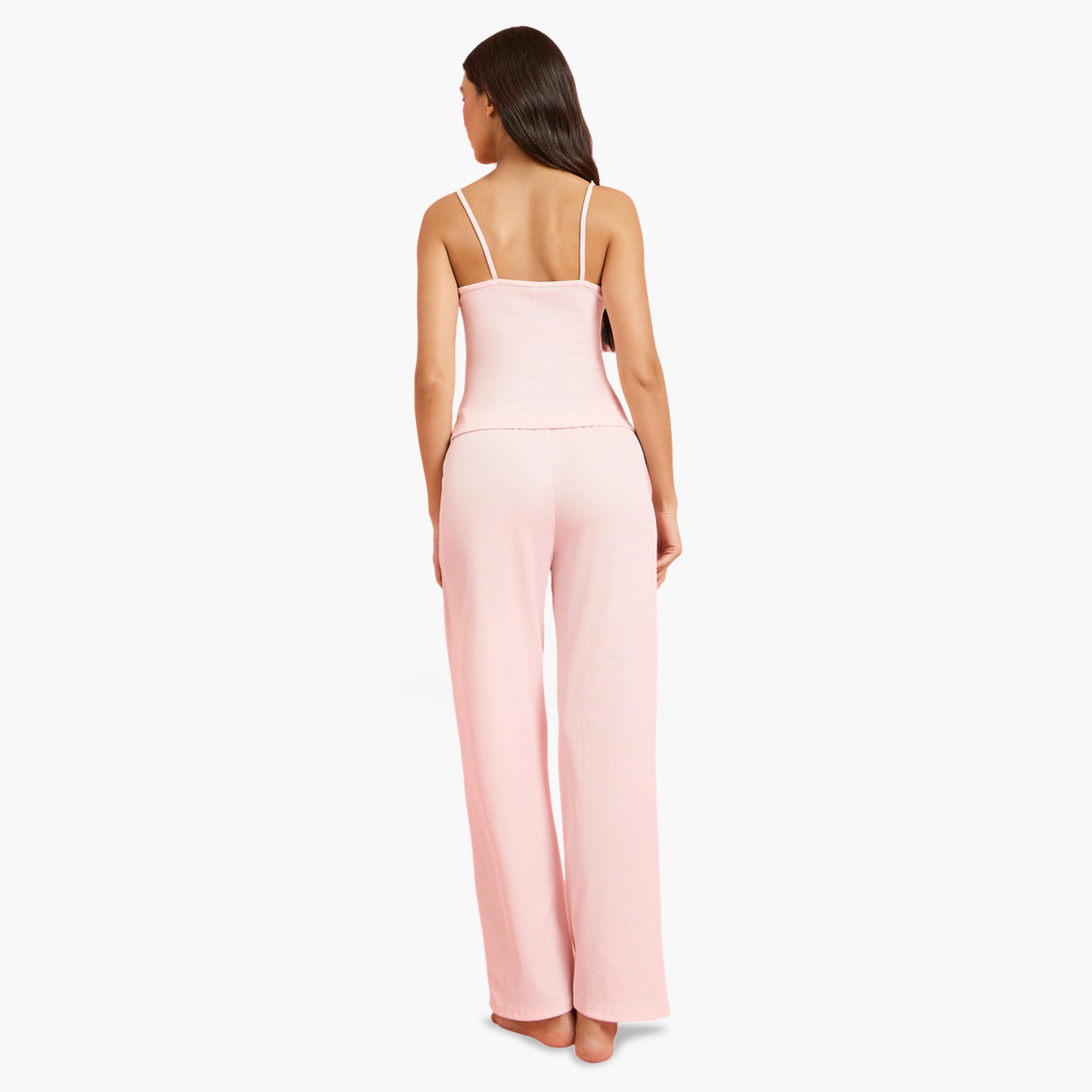 طقم بيجاما وبلوزة بكتافات رفيعة وتفاصيل دانتيل متباين-women-clothing-nightwear-pyjamas-longsets-image-3