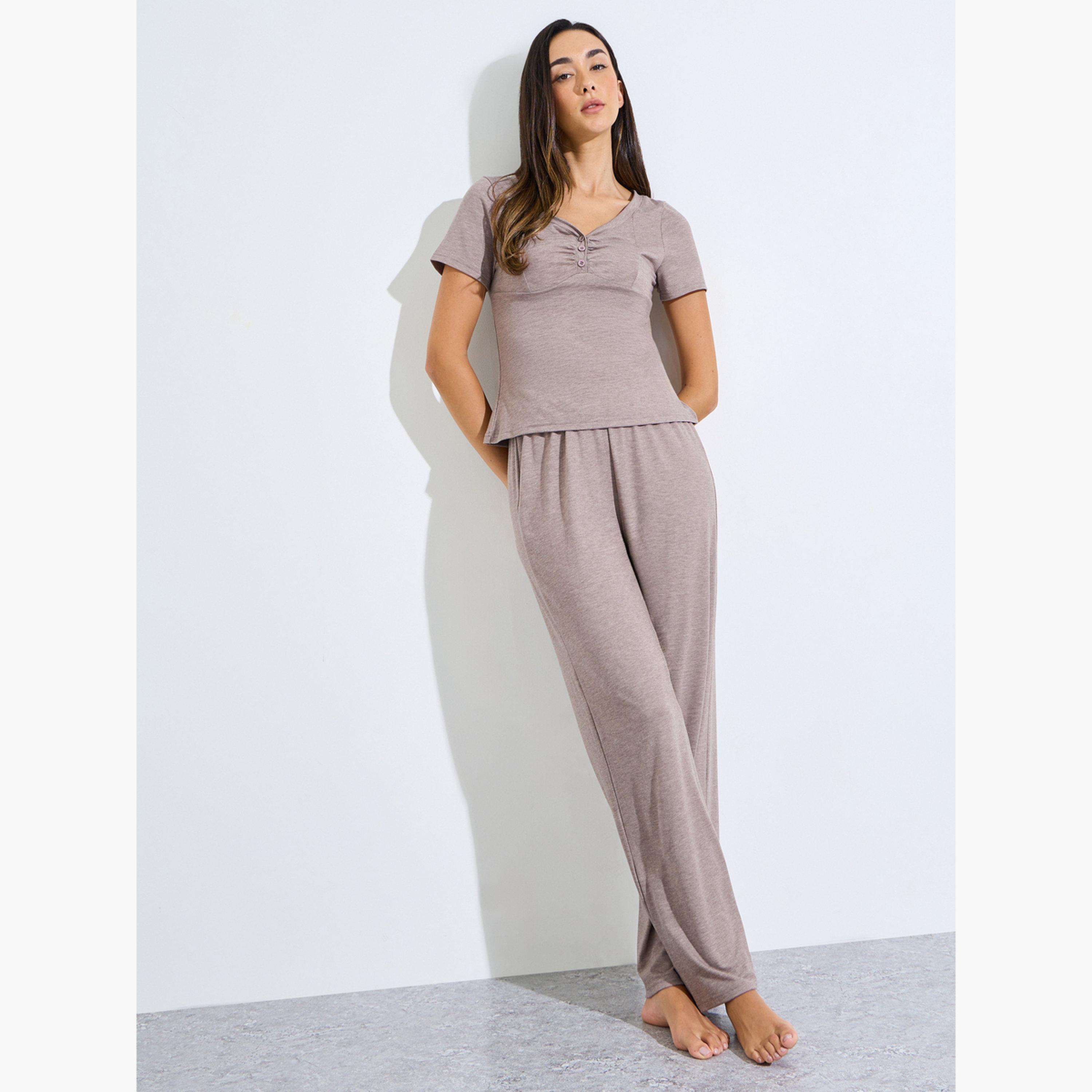 Styli Grey Ruched Button Placket Detail T-Shirt and Pyjama Set-women-clothing-nightwear-pyjamas-longsets-image-1