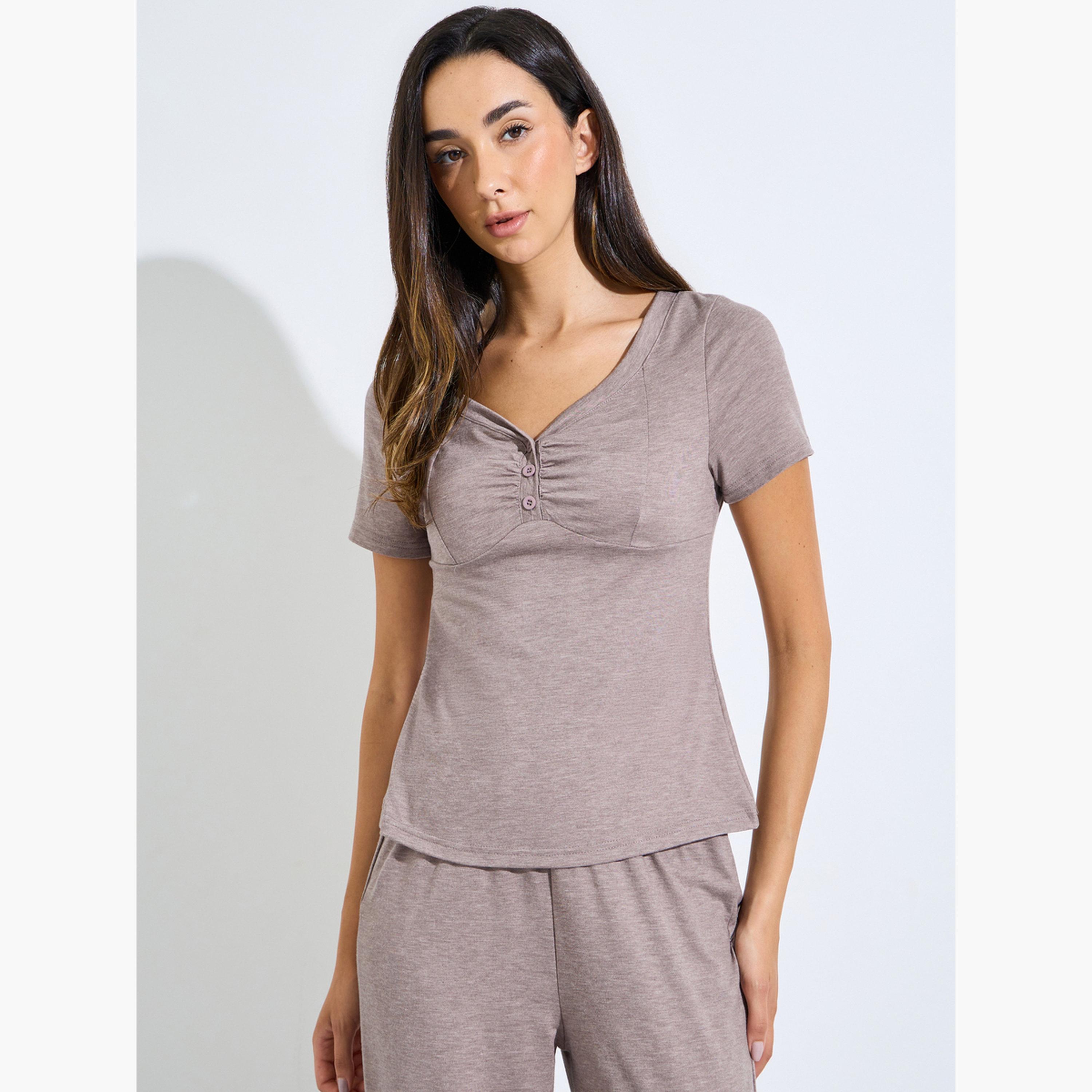 Styli Grey Ruched Button Placket Detail T-Shirt and Pyjama Set-women-clothing-nightwear-pyjamas-longsets-image-3