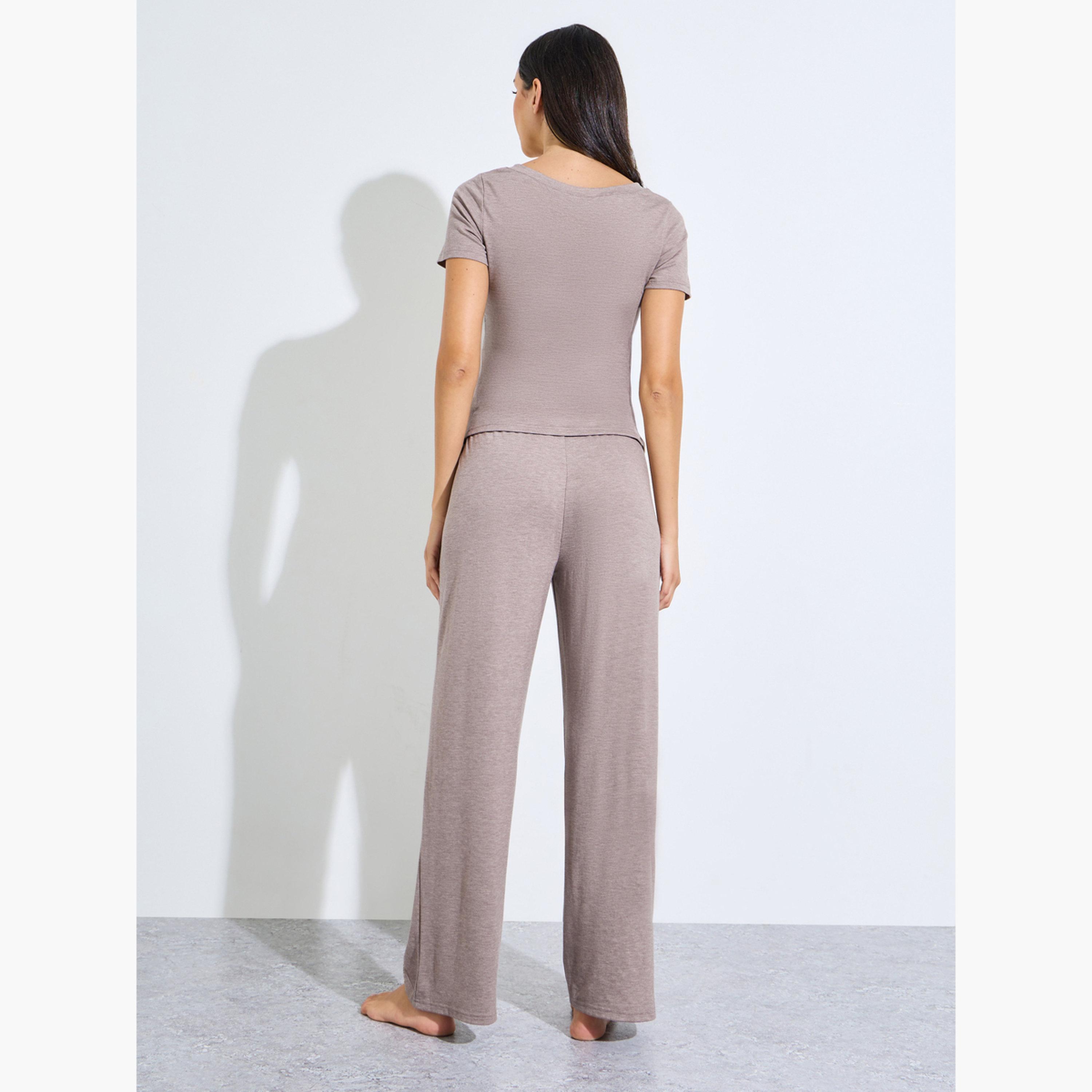 Styli Grey Ruched Button Placket Detail T-Shirt and Pyjama Set-women-clothing-nightwear-pyjamas-longsets-image-4