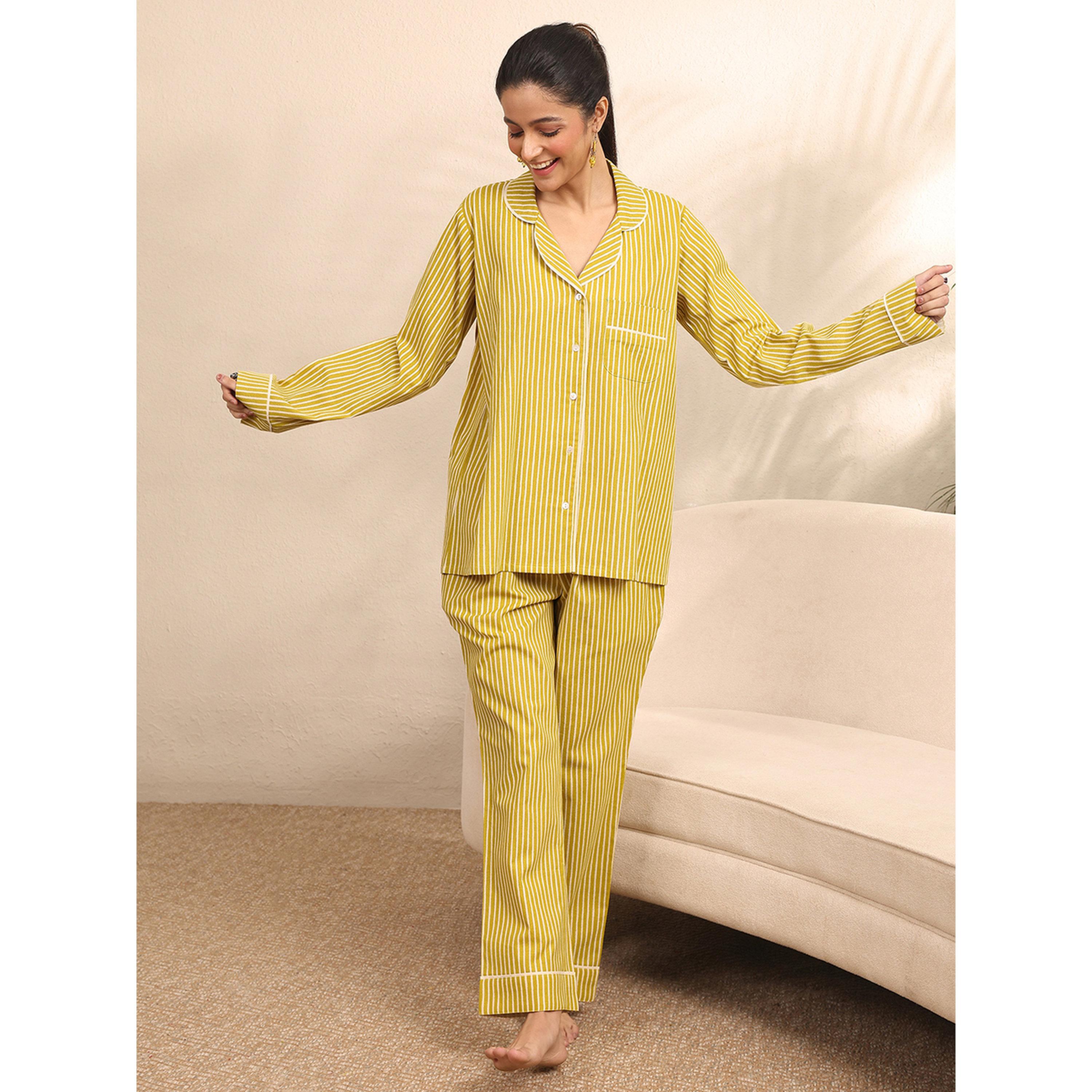 Libas X Styli Yellow Striped Cotton Shirt and Pants Set-women-clothing-coordsets-image-1