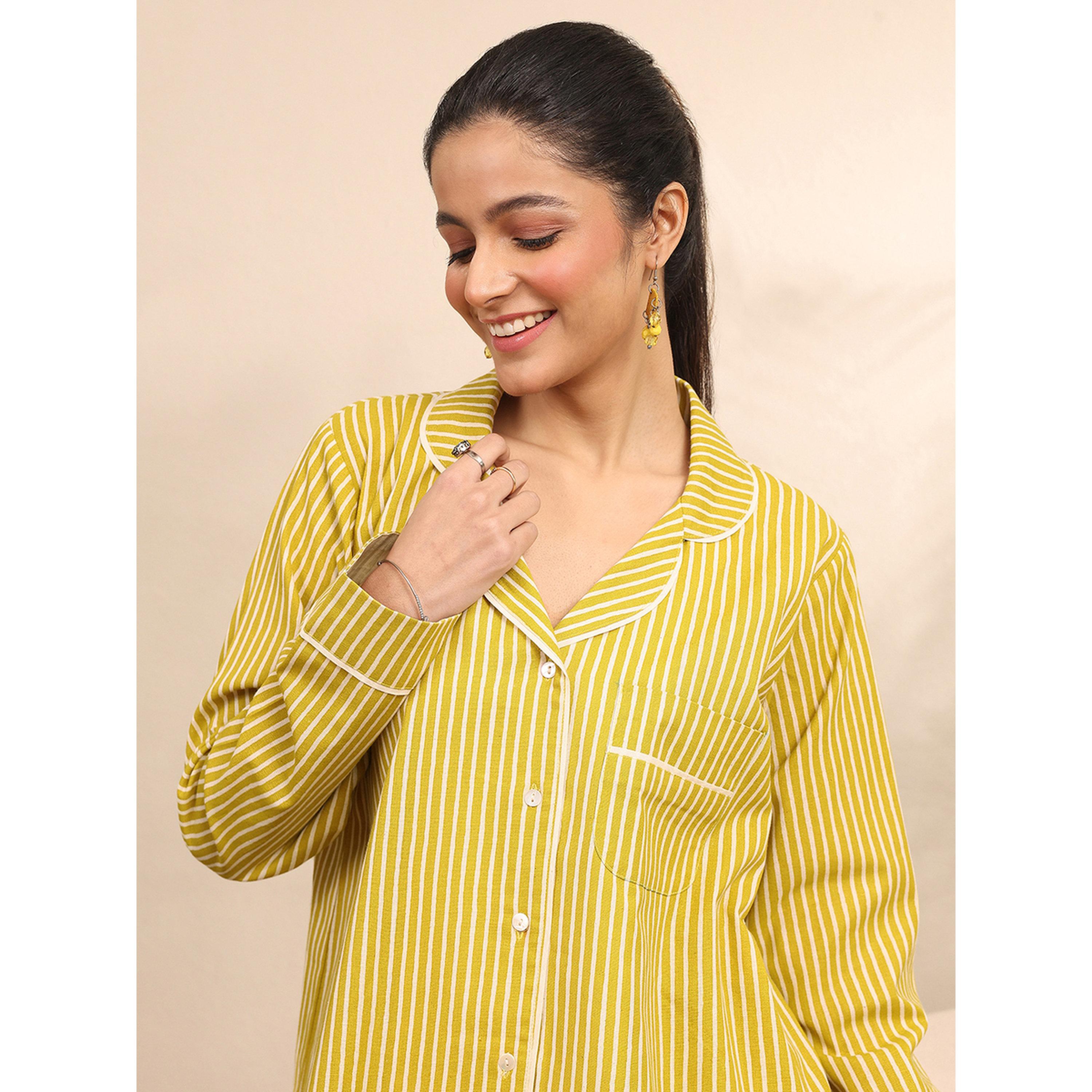 Libas X Styli Yellow Striped Cotton Shirt and Pants Set-women-clothing-coordsets-image-5