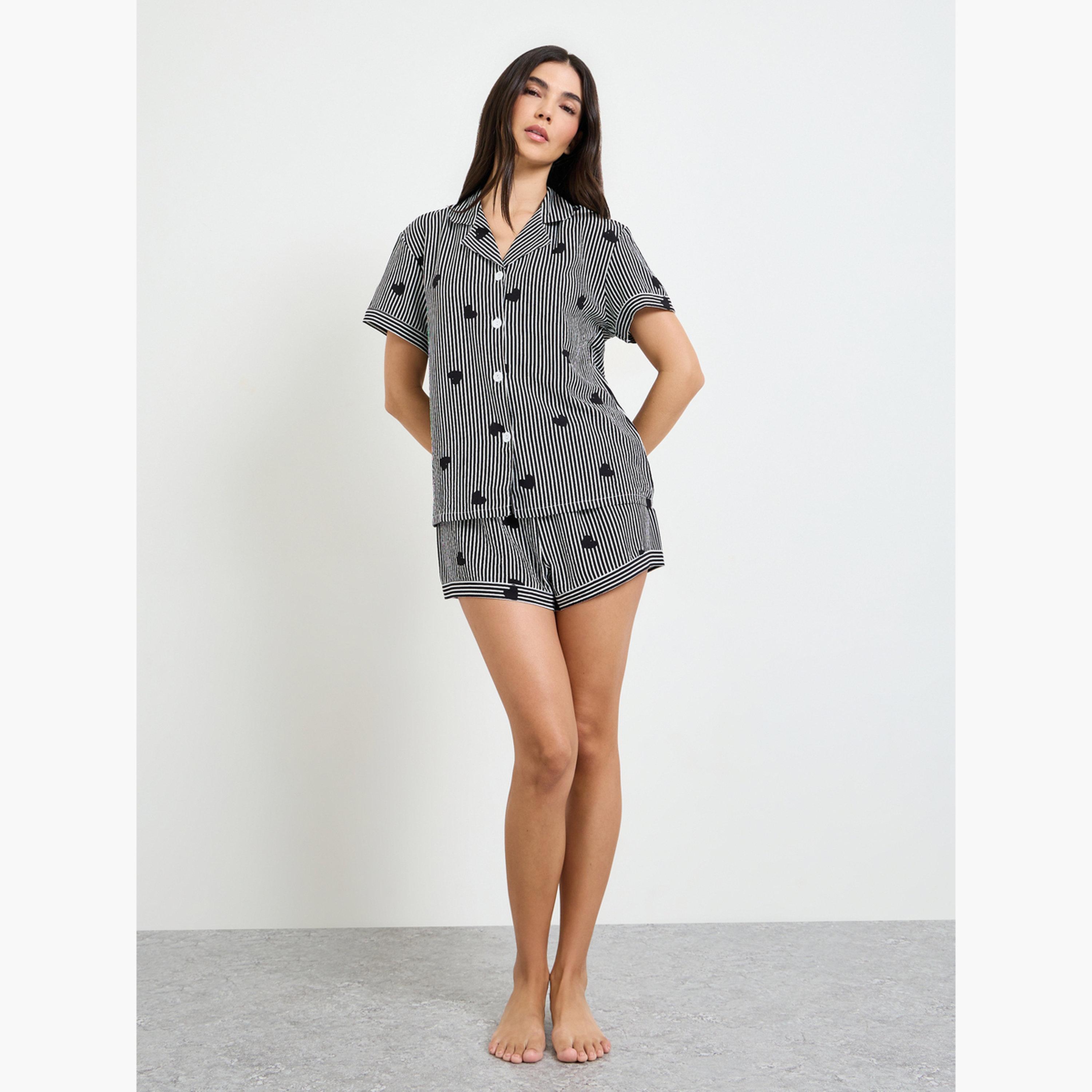 Styli Black Heart Striped Short Sleeve Shirt and Pyjama Set-women-clothing-nightwear-pyjamas-shortsets-image-2