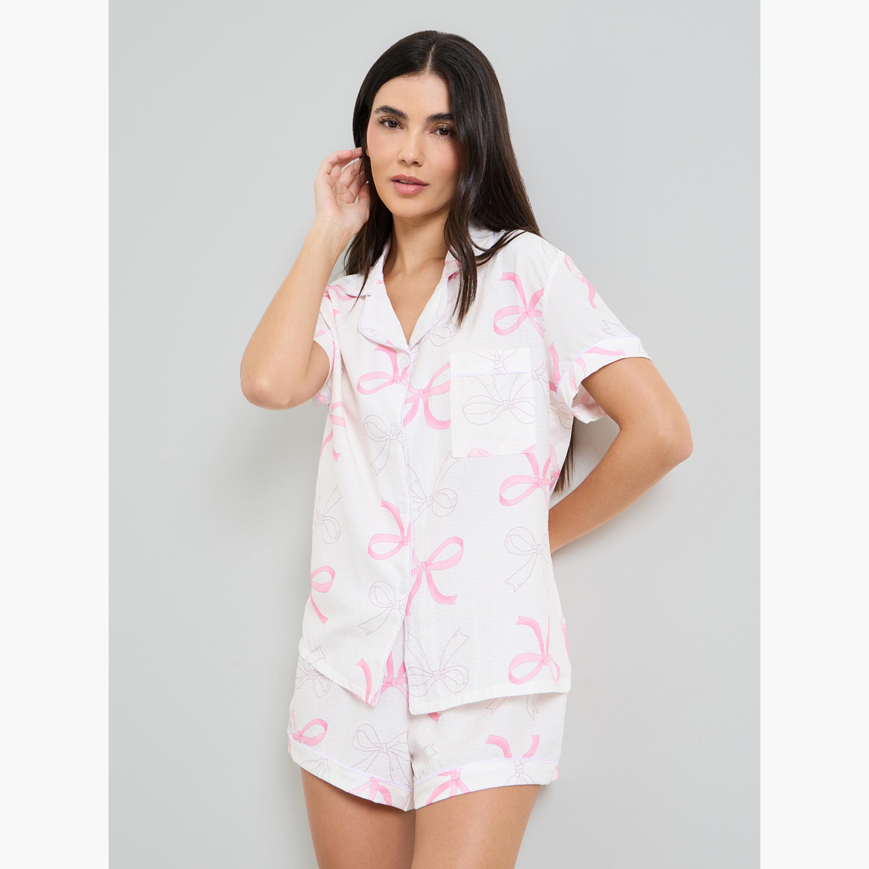 Styli White Bow Print Piped Pocket Shirt and Pyjama Set-women-clothing-nightwear-pyjamas-shortsets-image-1