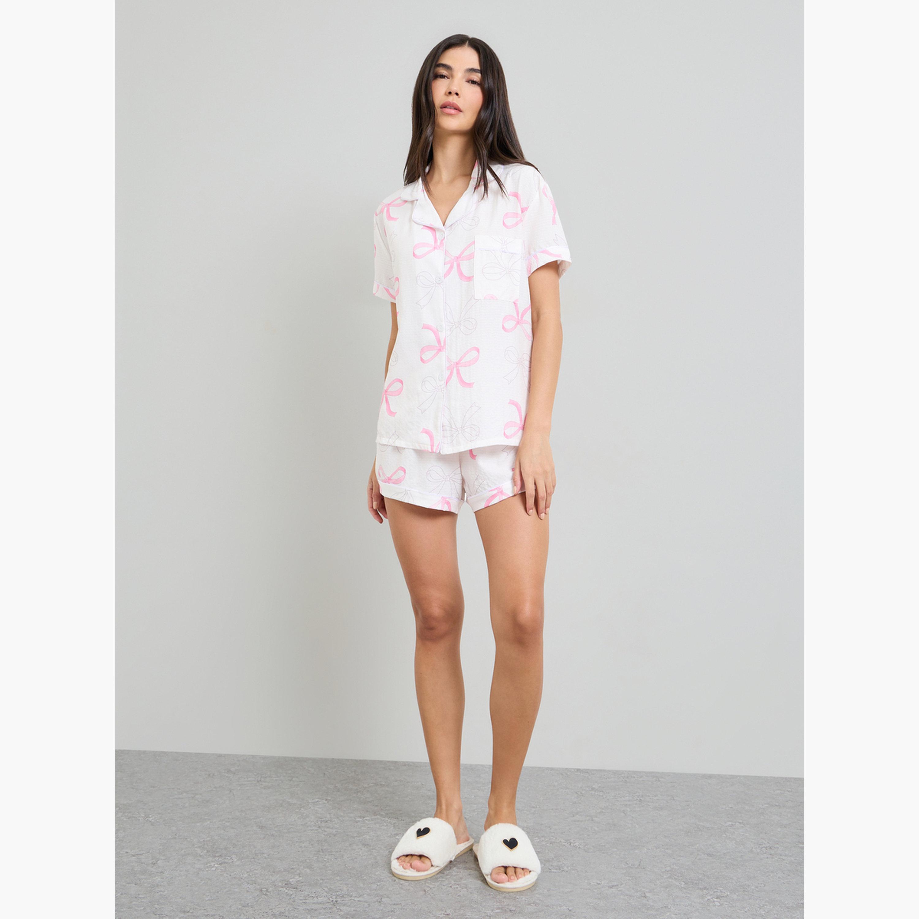 Styli White Bow Print Piped Pocket Shirt and Pyjama Set-women-clothing-nightwear-pyjamas-shortsets-image-2