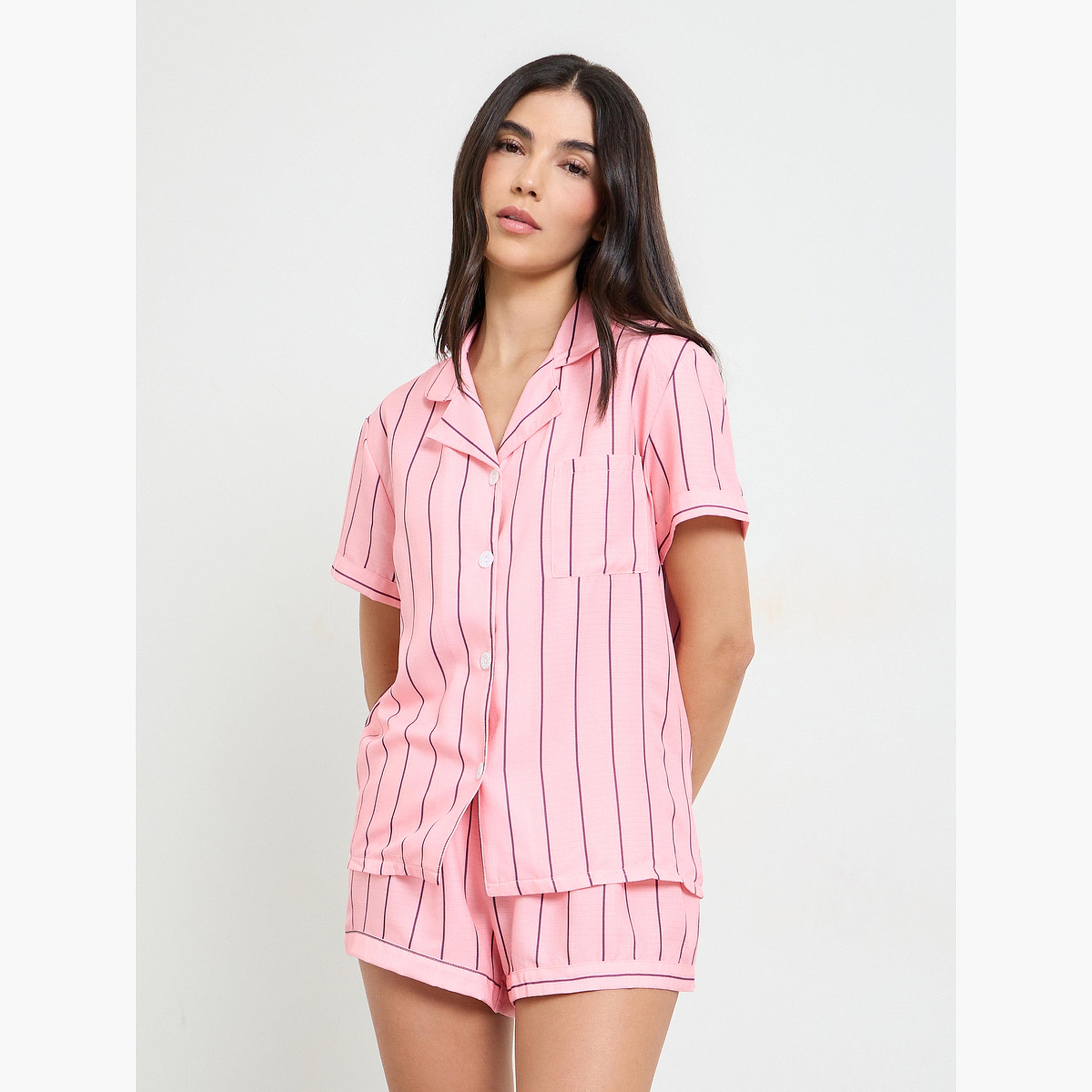 Styli Pink Striped Pocket Shirt and Shorts Set-women-clothing-nightwear-pyjamas-shortsets-image-1