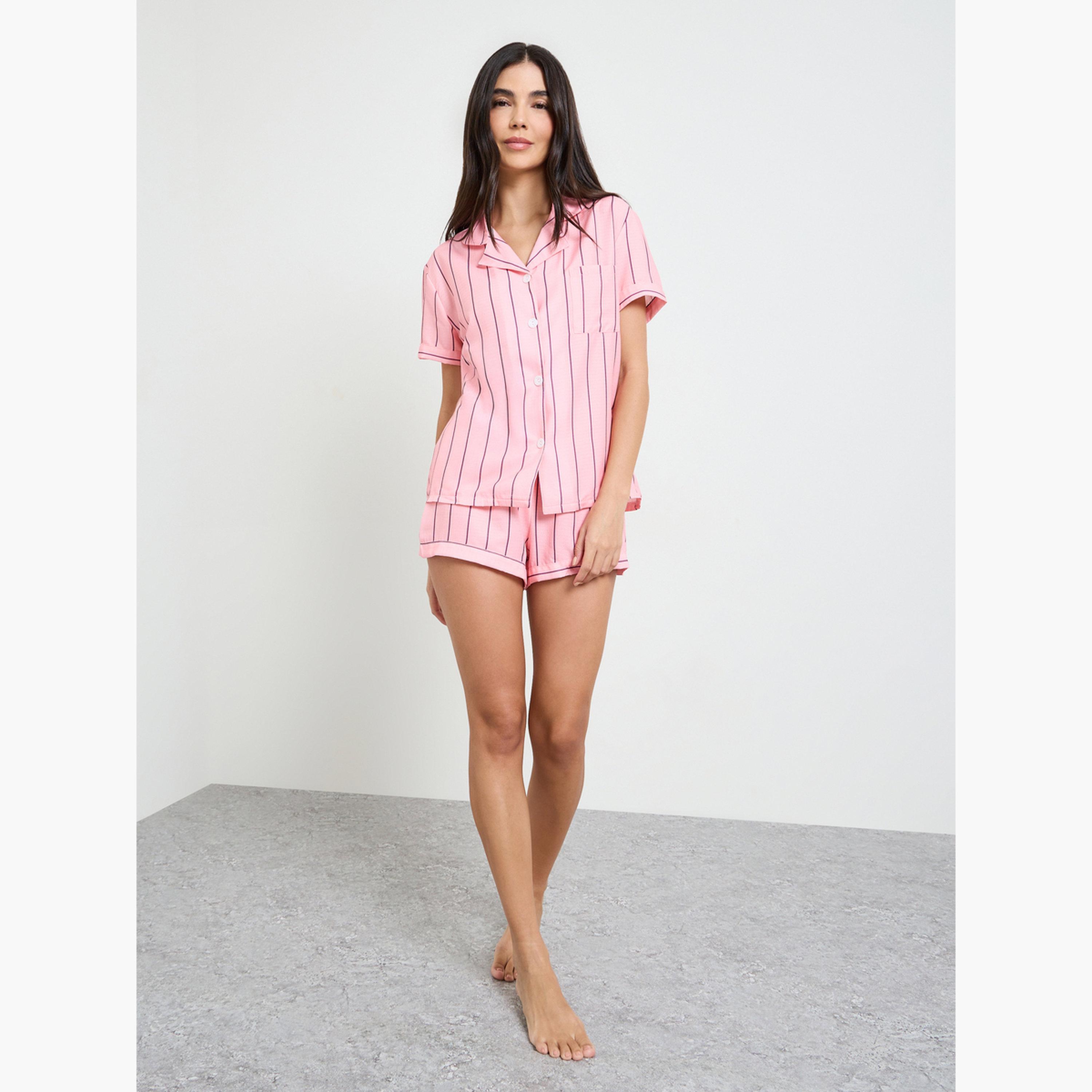 Styli Pink Striped Pocket Shirt and Shorts Set-women-clothing-nightwear-pyjamas-shortsets-image-2