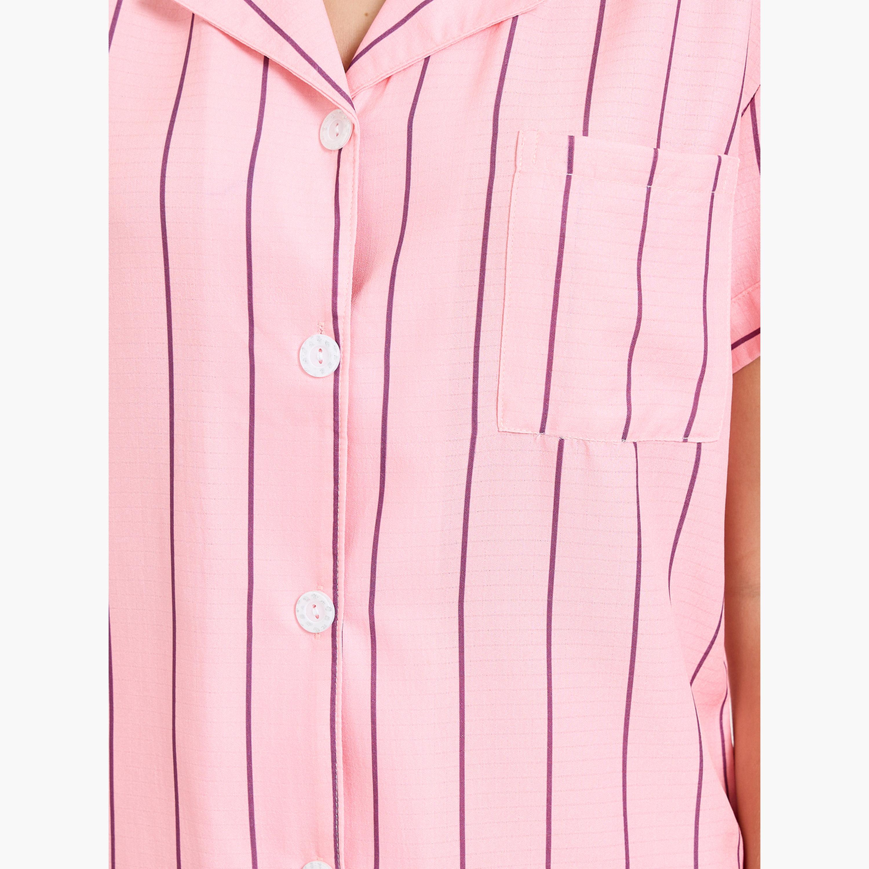Styli Pink Striped Pocket Shirt and Shorts Set-women-clothing-nightwear-pyjamas-shortsets-image-5
