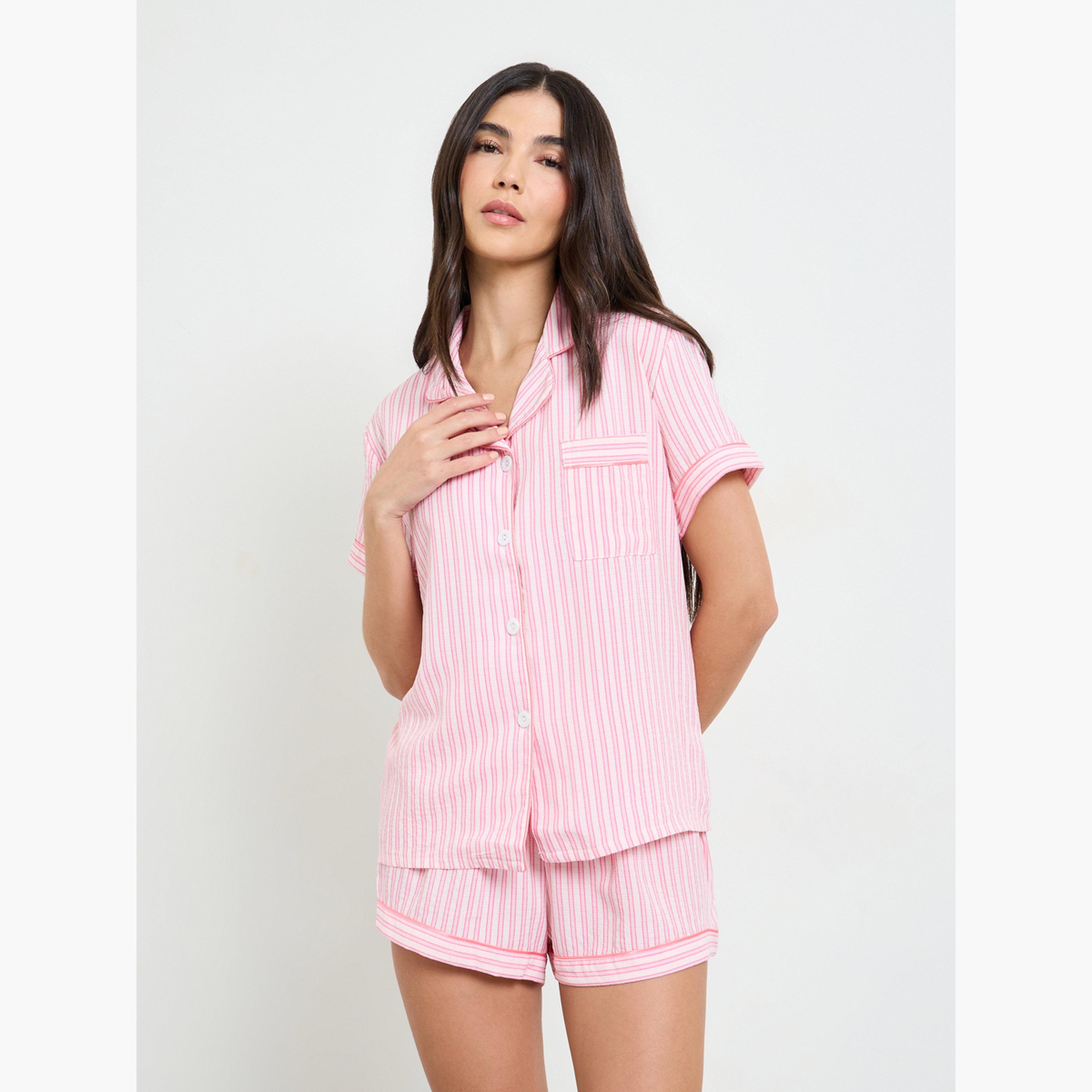 Styli Pink Striped Pocket Shirt and Shorts Set-women-clothing-nightwear-pyjamas-shortsets-image-1