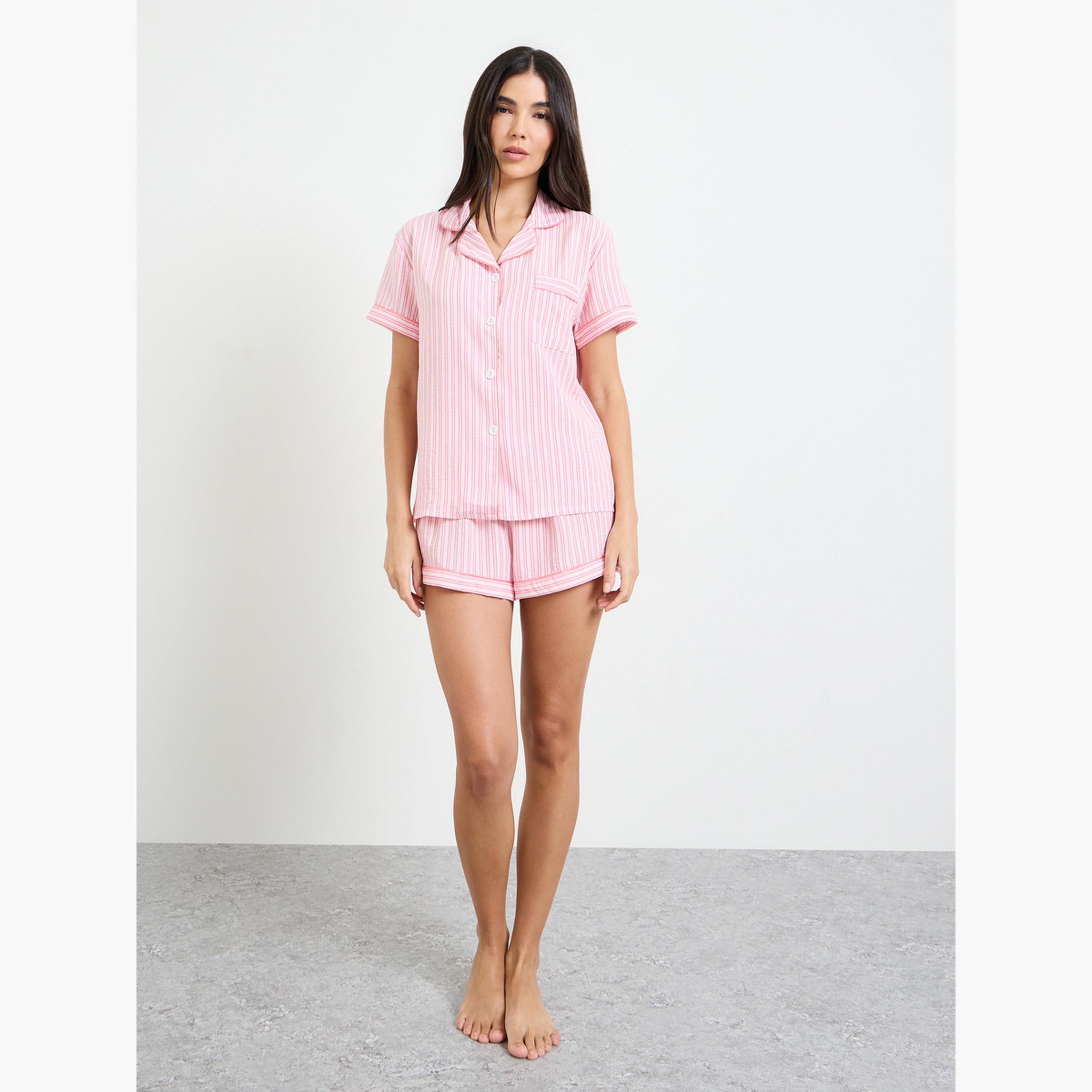 Styli Pink Striped Pocket Shirt and Shorts Set-women-clothing-nightwear-pyjamas-shortsets-image-2