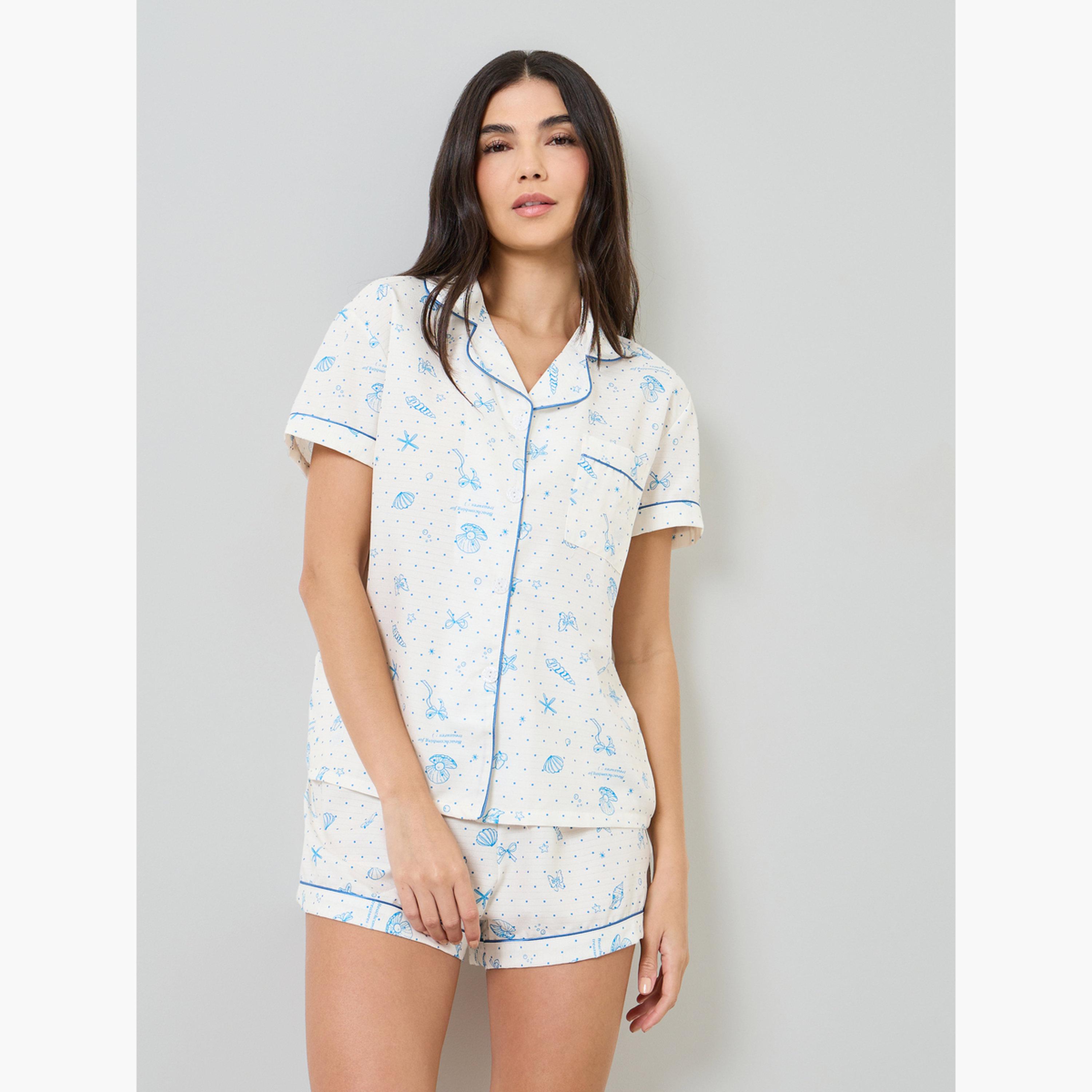 Styli White Shell Polka Print Piped Pocket Shirt and Shorts Set-women-clothing-nightwear-pyjamas-shortsets-image-1