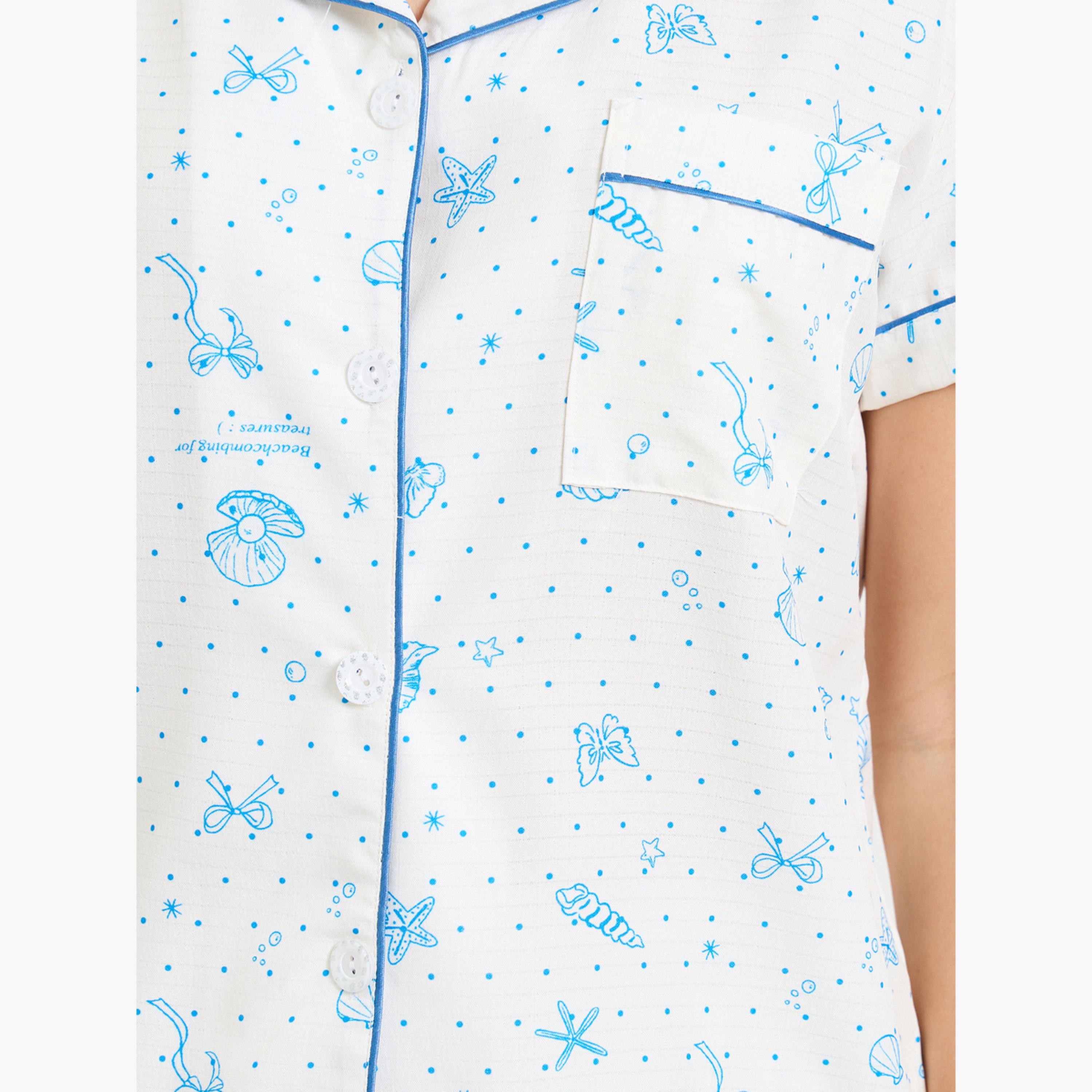 Styli White Shell Polka Print Piped Pocket Shirt and Shorts Set-women-clothing-nightwear-pyjamas-shortsets-image-5