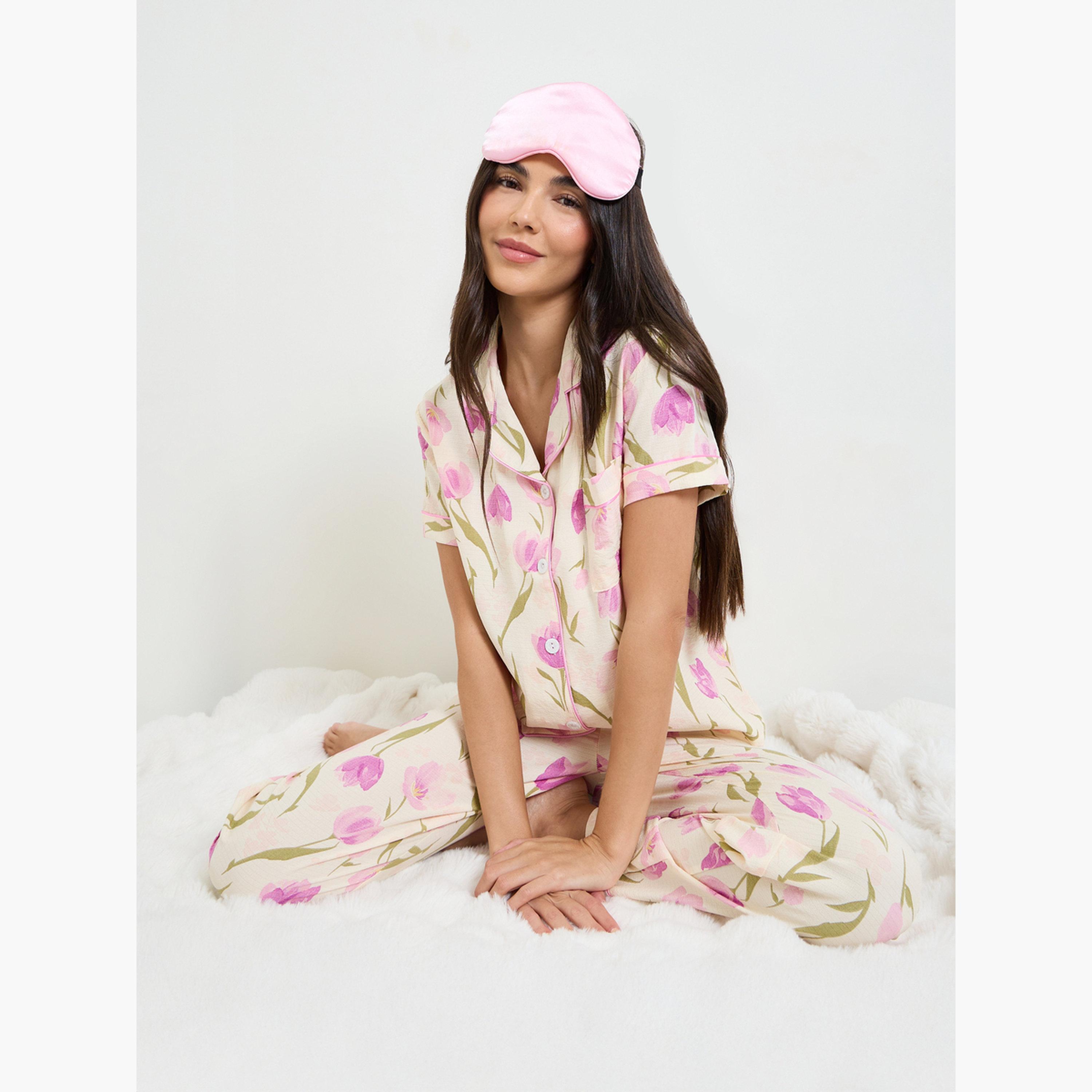 ستايلي - طقم قميص وبيجاما بجيوب مزينة بزهرة التوليب الوردية-women-clothing-nightwear-pyjamas-longsets-image-2