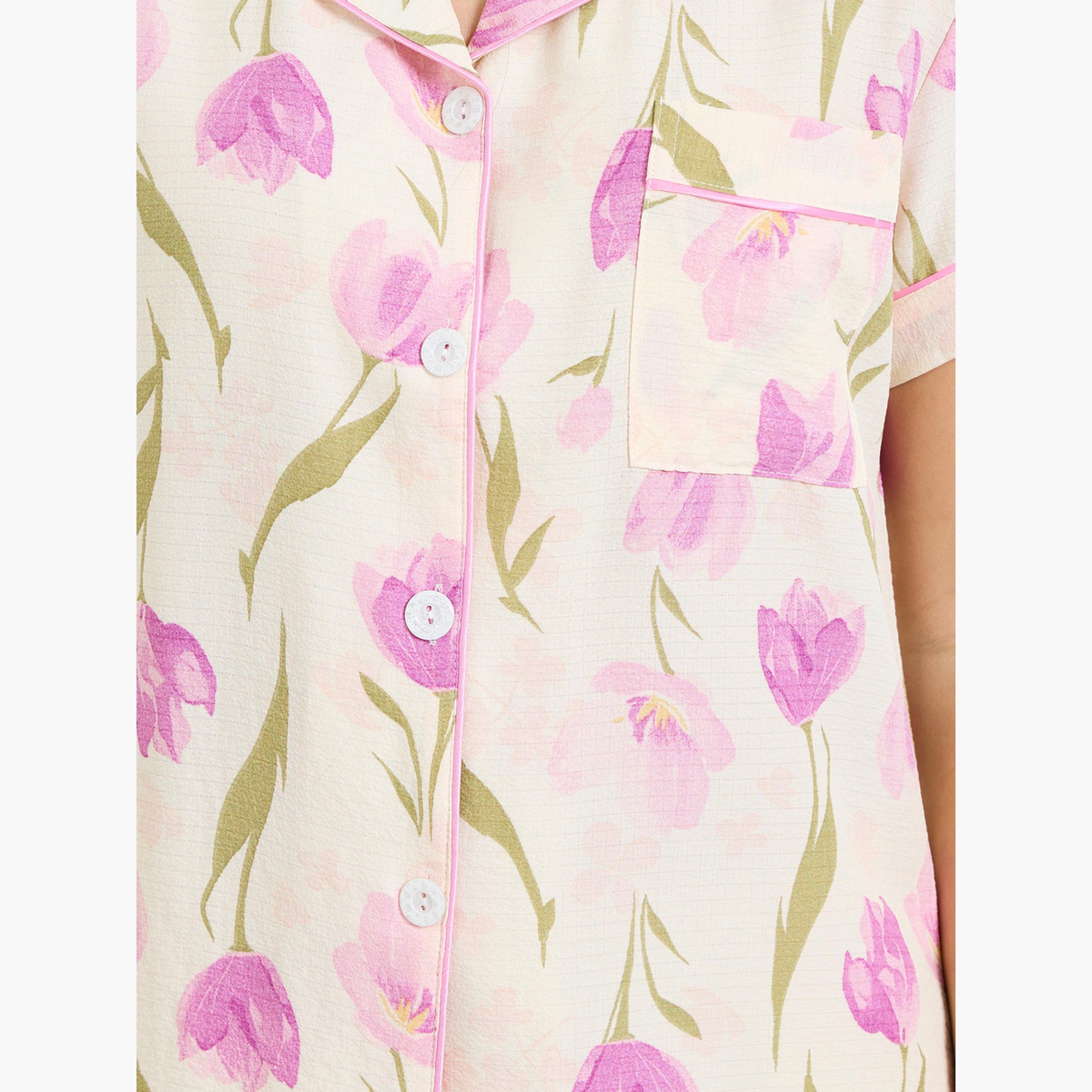ستايلي - طقم قميص وبيجاما بجيوب مزينة بزهرة التوليب الوردية-women-clothing-nightwear-pyjamas-longsets-image-6