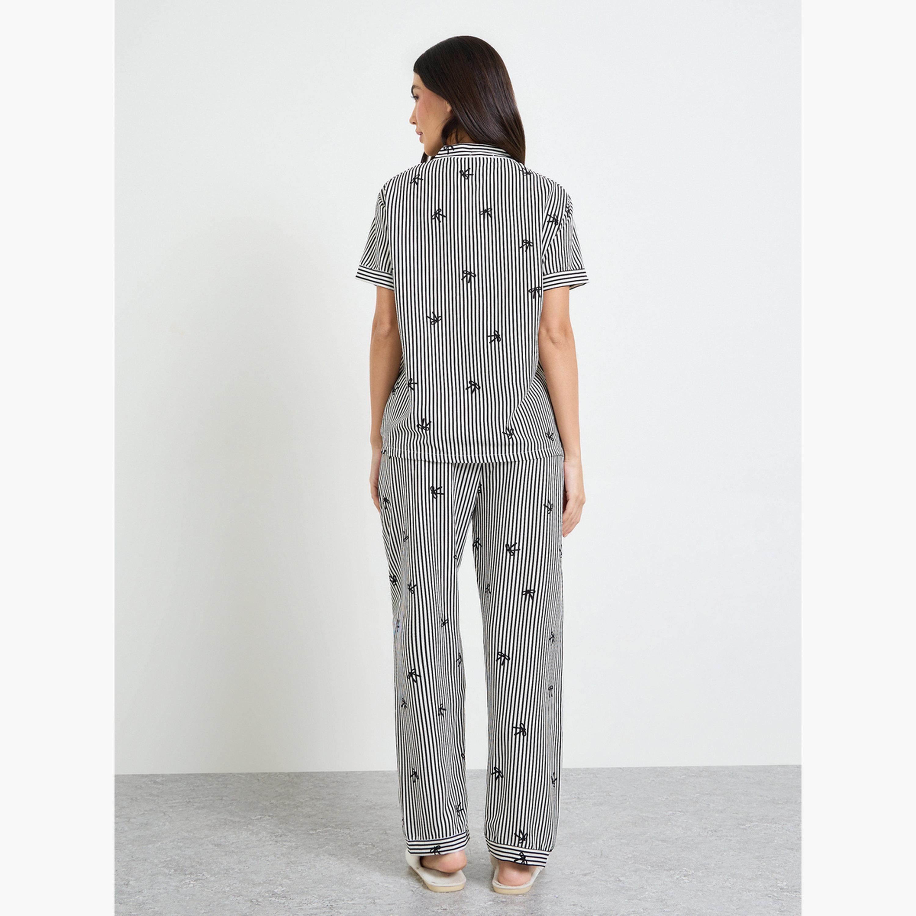 ستايلي - طقم قميص وبيجامة مخطط بفيونكة سوداء-women-clothing-nightwear-pyjamas-longsets-image-3