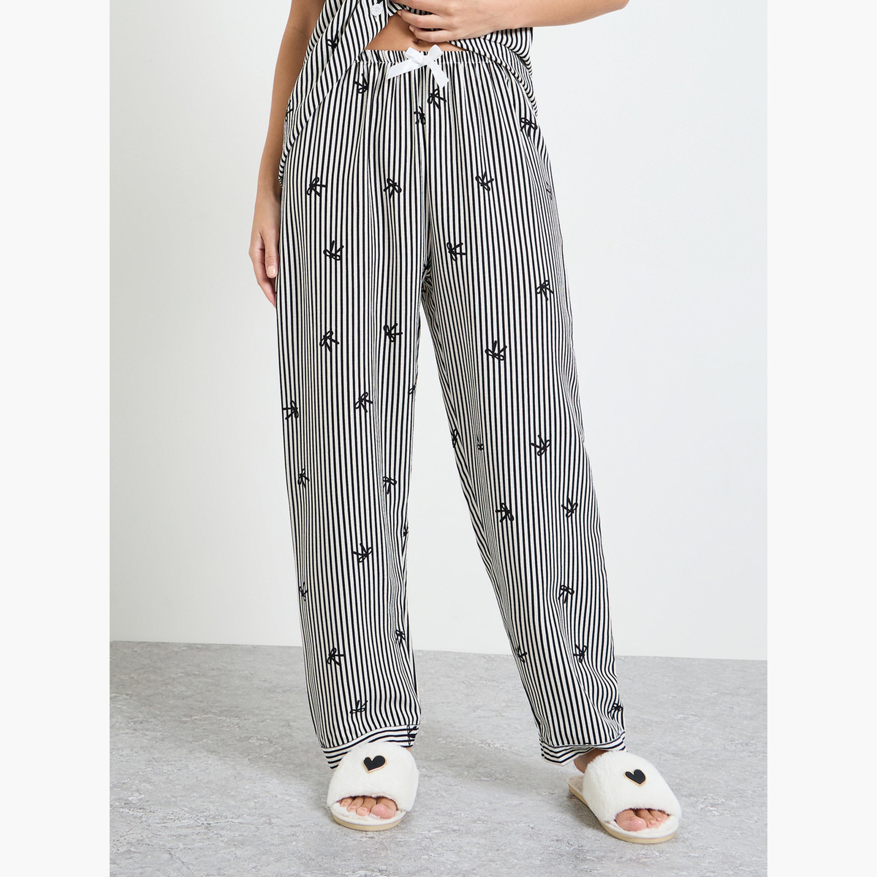 ستايلي - طقم قميص وبيجامة مخطط بفيونكة سوداء-women-clothing-nightwear-pyjamas-longsets-image-4