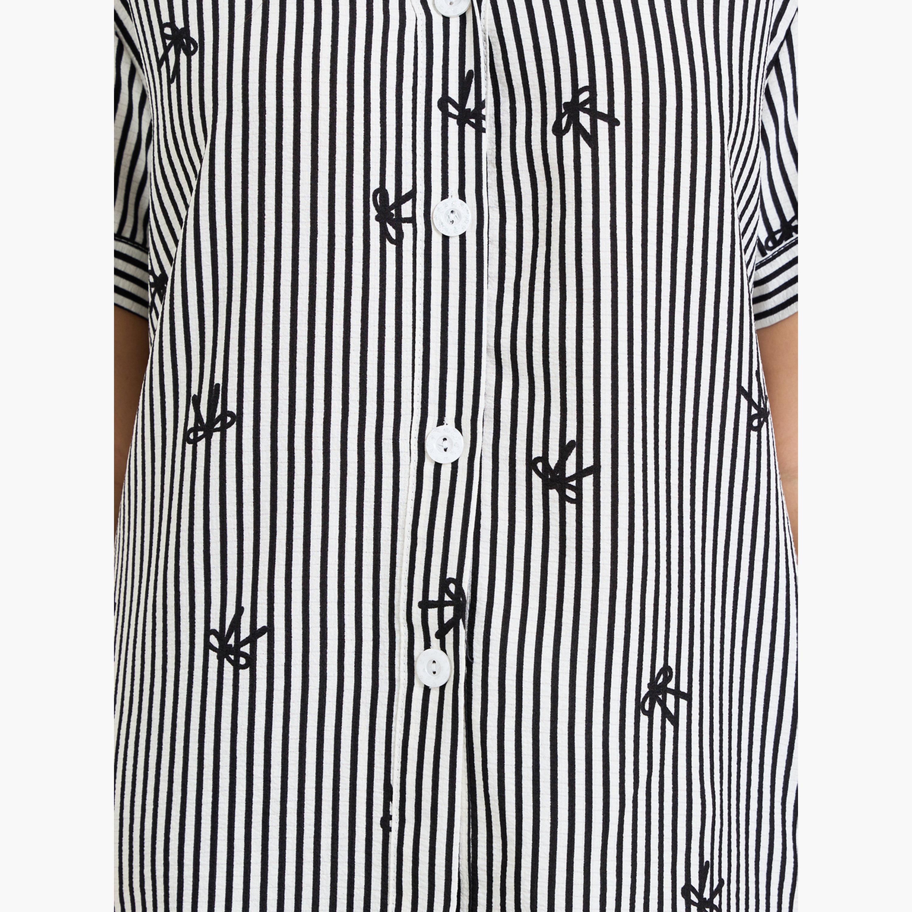 ستايلي - طقم قميص وبيجامة مخطط بفيونكة سوداء-women-clothing-nightwear-pyjamas-longsets-image-5